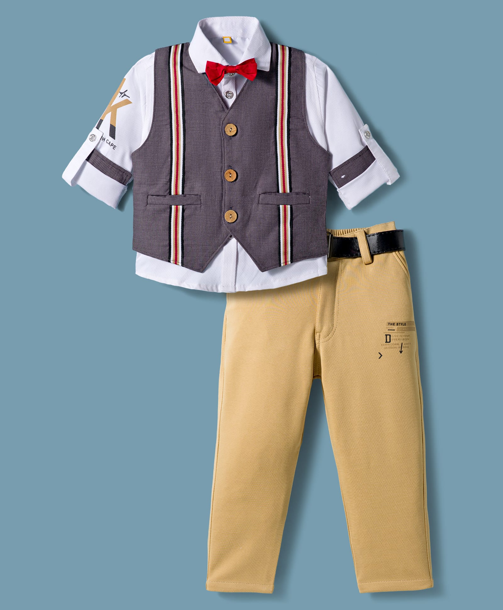 Rikidoos Cotton Woven Full Sleeves Printed 3 Piece Party Suit With Bow & Belt - White-picture-10