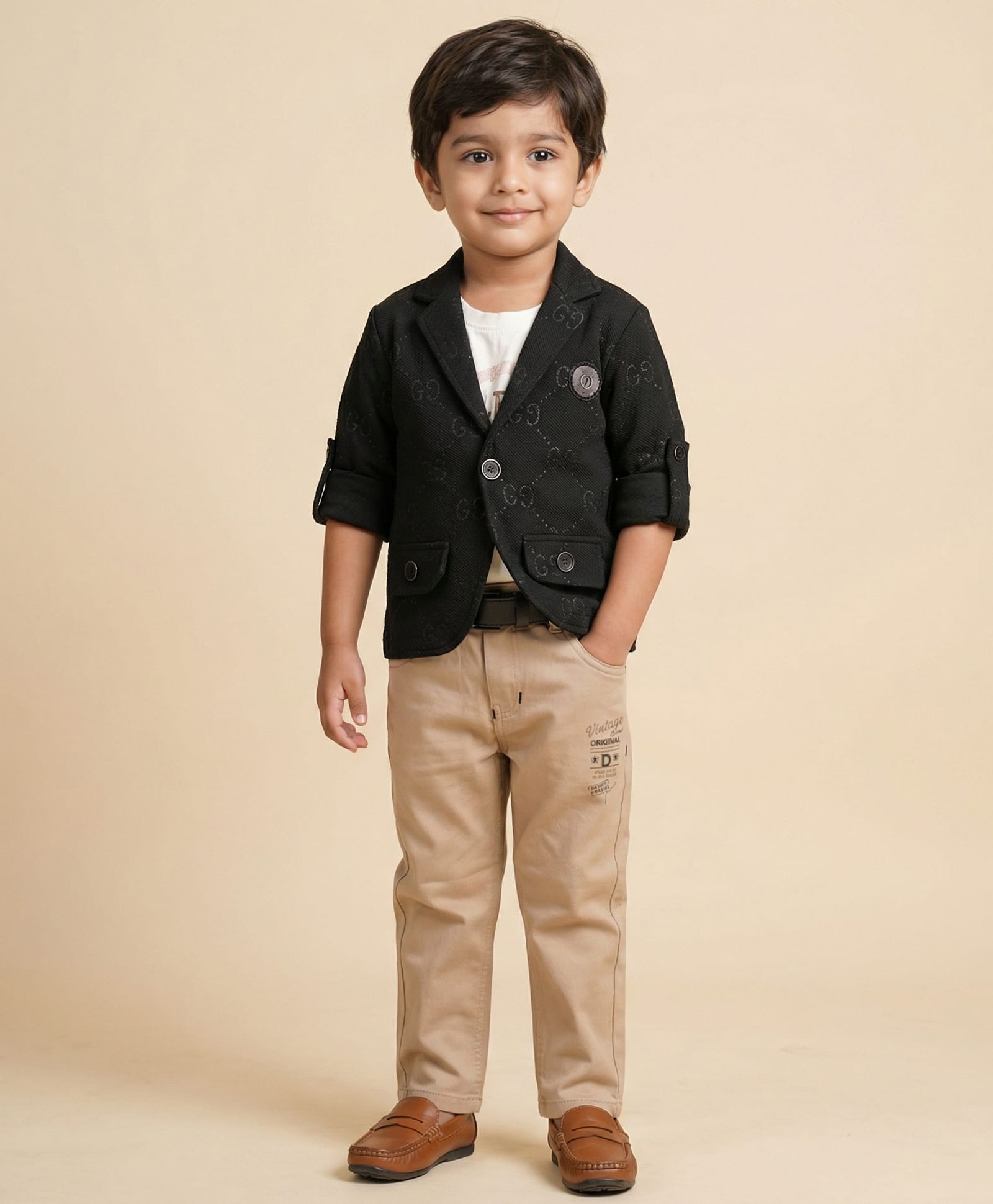 Rikidoos Cotton Knit Full Sleeves Printed Party T-Shirt & Trouser Set With Blazer & Belt - Black-picture-23