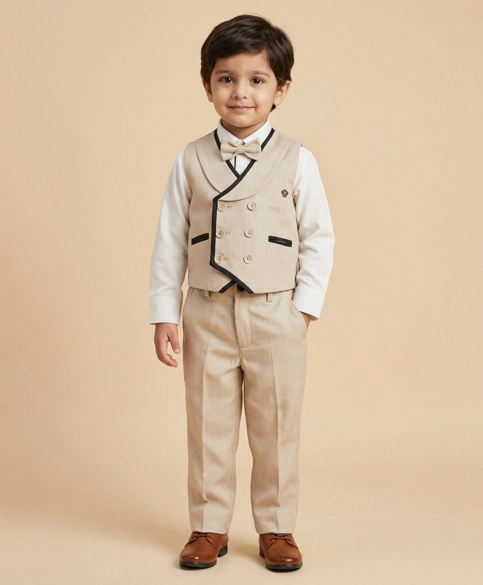 Rikidoos Cotton Woven Full Sleeves Solid Colour 3 Piece Party Suit with Bow - Beige & White-picture-16