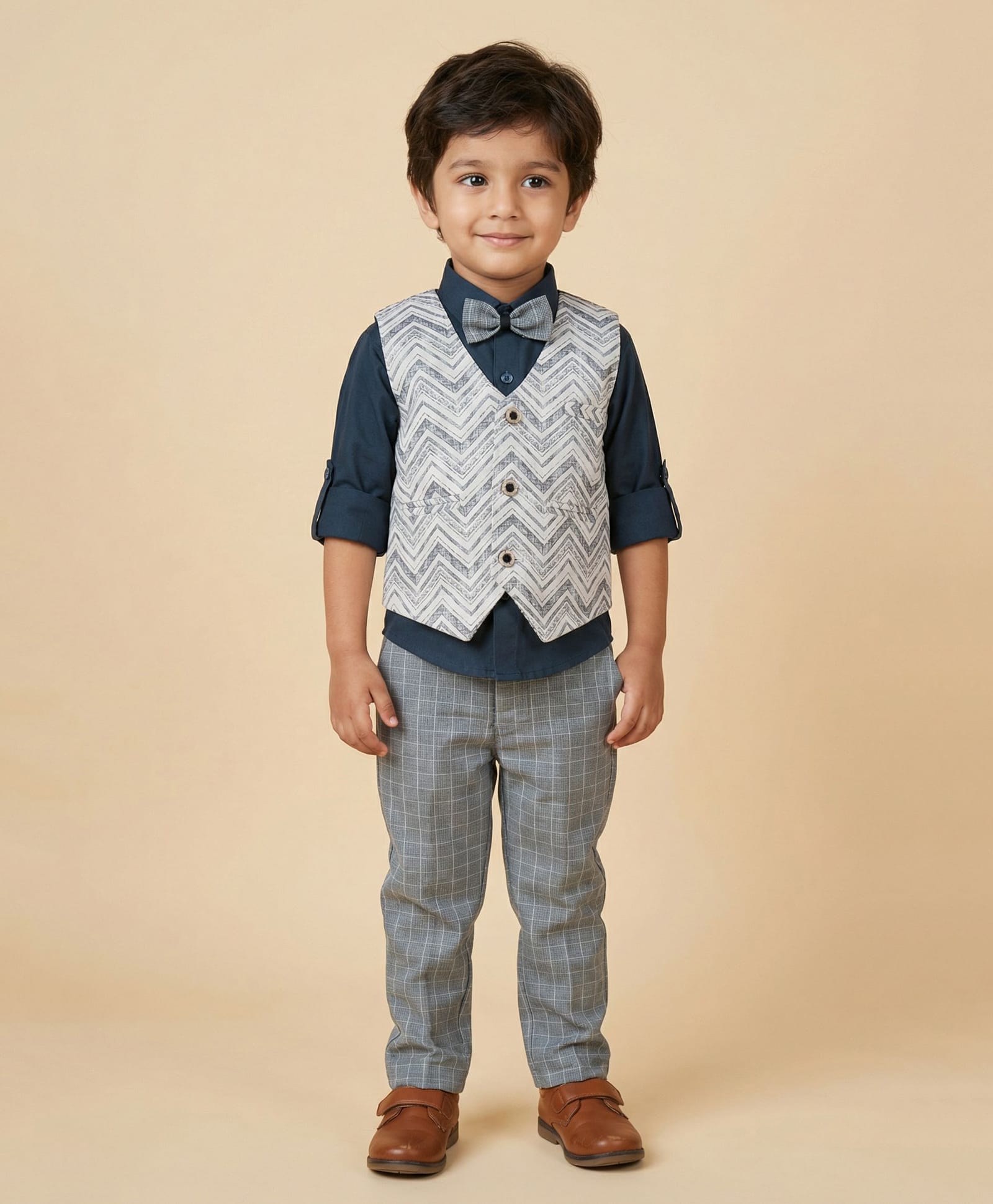 Rikidoos Cotton Woven Full Sleeves Chevron Printed 3 Piece Party Suit with Bow - White & Dark Green-picture-16