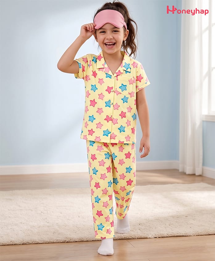 Honeyhap Premium 100% Cotton Knit Half Sleeves Co-Ord Shirt & Pyjama Night-Suit With Star Print - Popcorn-picture-4