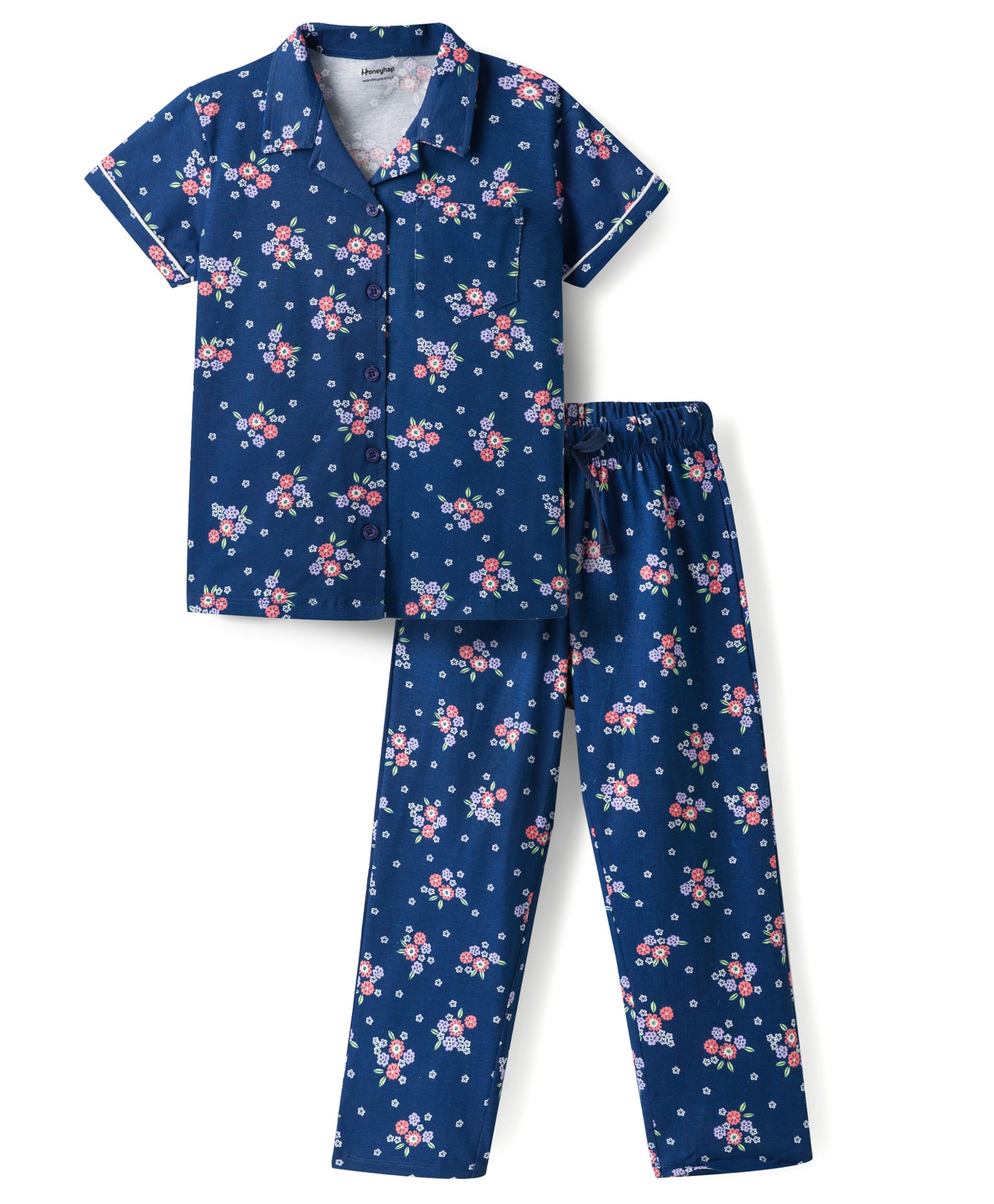 Honeyhap Premium 100% Cotton Knit With Bio Finish Half Sleeves Shirt & Pyjama Co-ord Night Suit With Floral Print - Navy Peony-picture-26