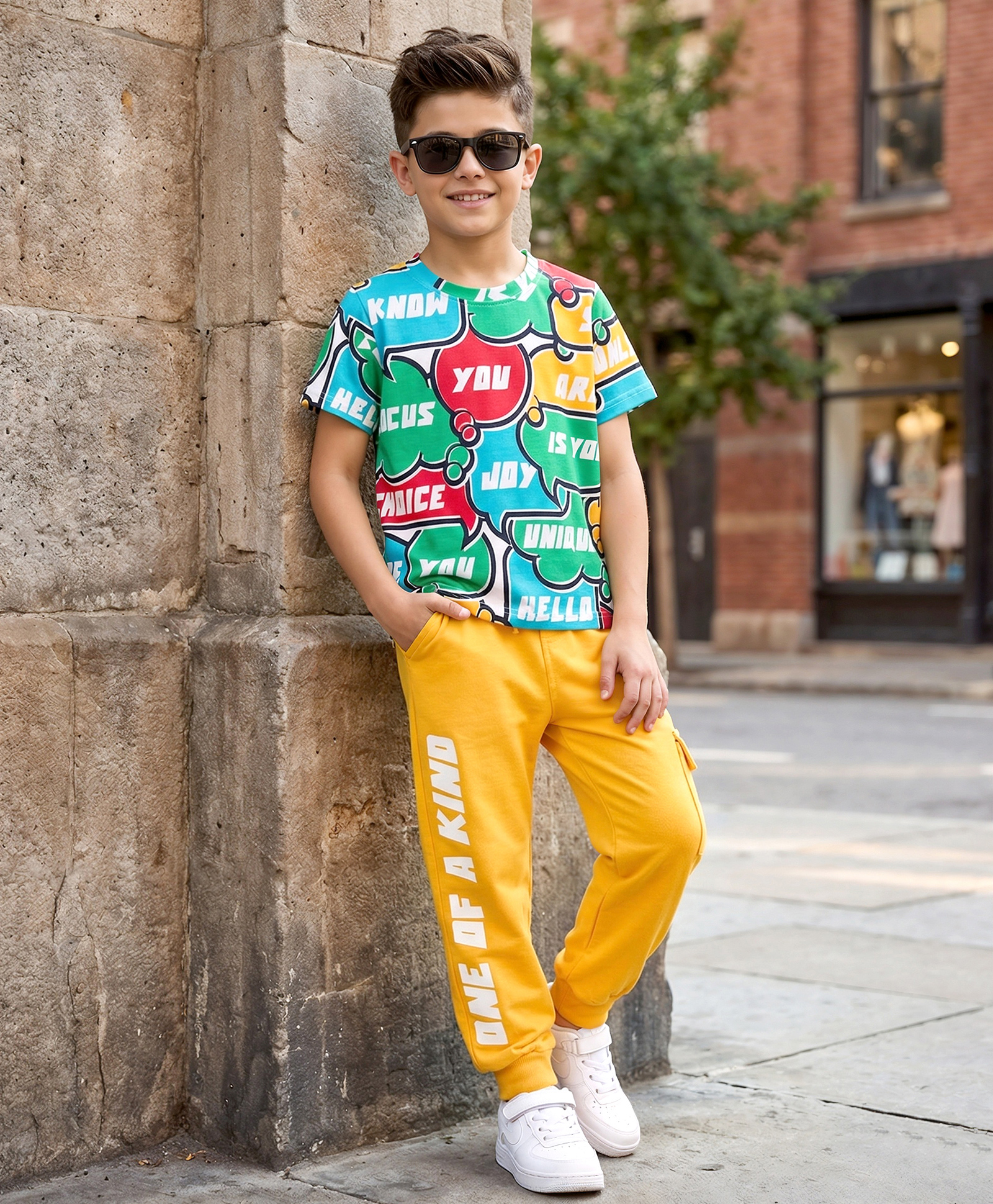 OLLINGTON ST. Cotton Knit Half Sleeves Printed T-Shirt & Joggers Set - Multicolour & Mustard-picture-16