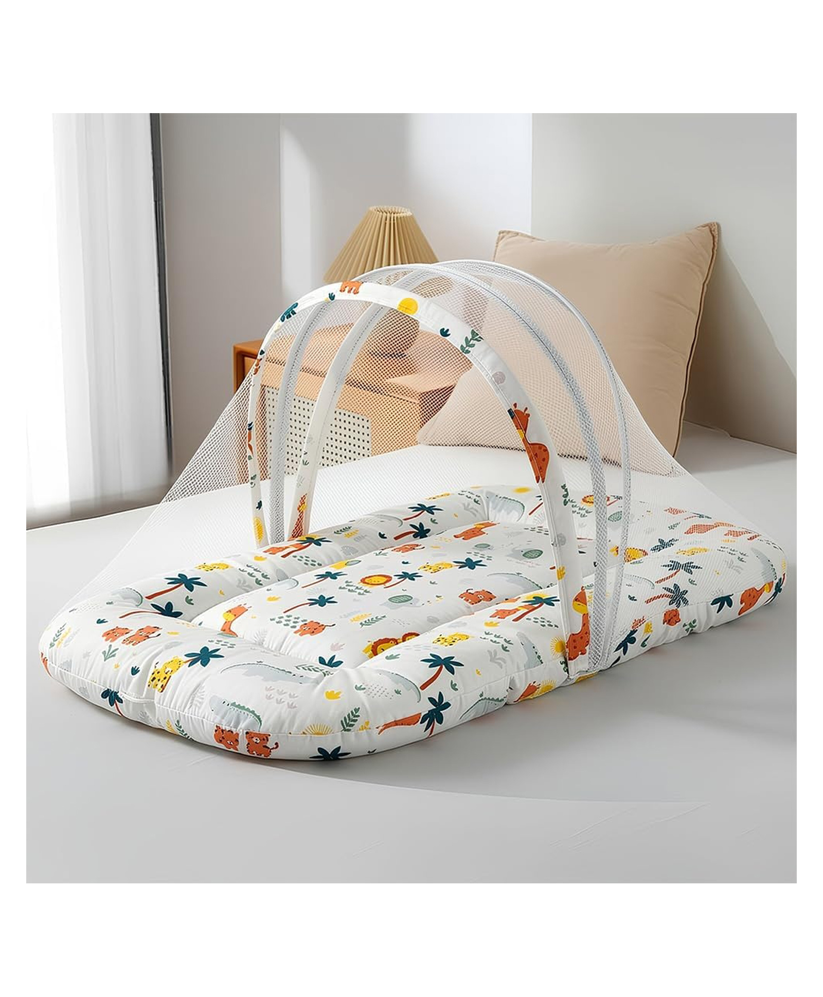 StarAndDaisy 3 in 1 Baby Mosquito Net for Sleeping And Comfortable Bed, Washable Cotton Design Lion Print - White-image-15