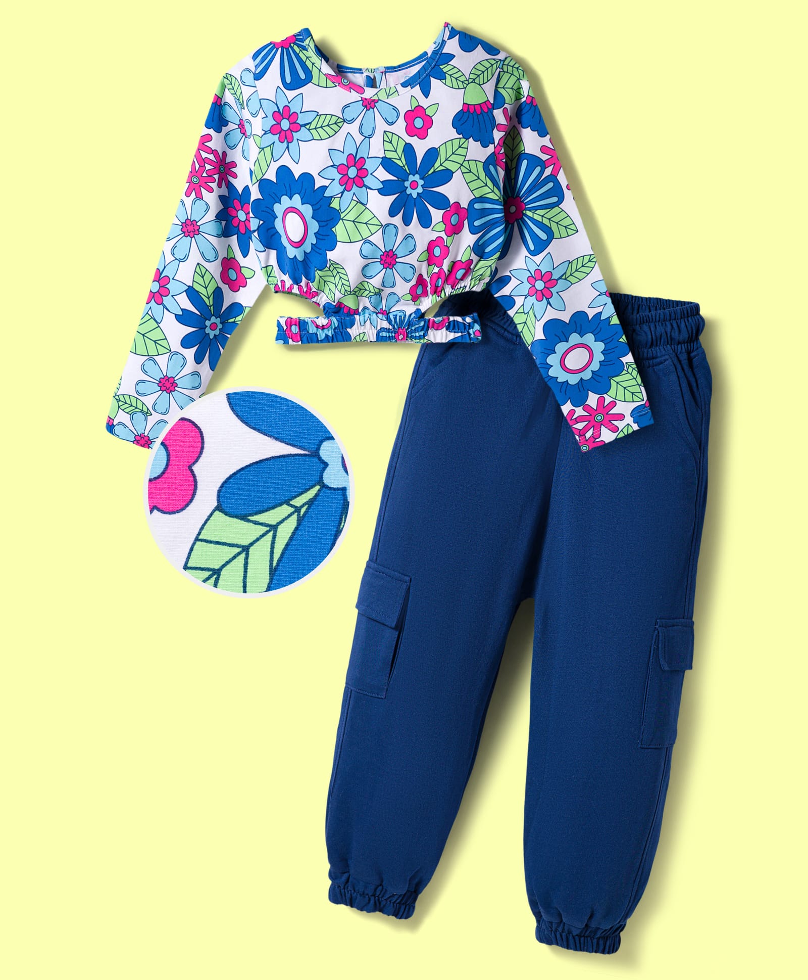 OLLINGTON ST.Cotton Lycra Knit Full Sleeves Floral Printed Top & Joggers Set - Multicolor & Navy Blue-image-44