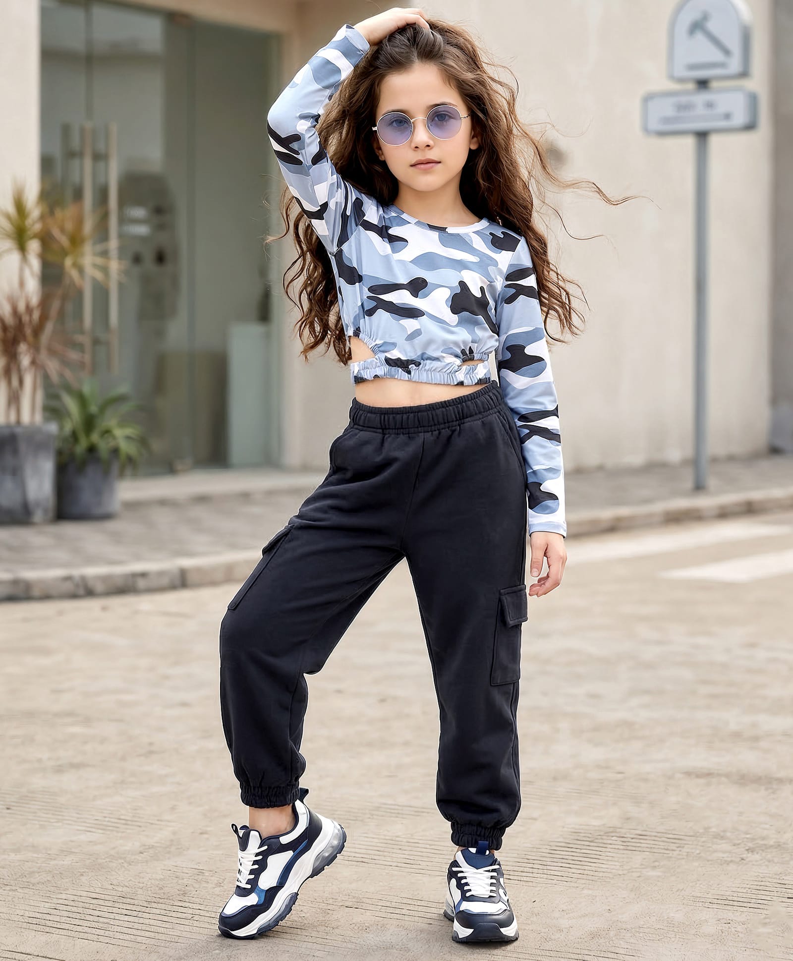 OLLINGTON ST.Cotton Lycra Knit Camouflage Printed Full Sleeves Top & Jogger Pant Set - Multicolor & Black-image-29