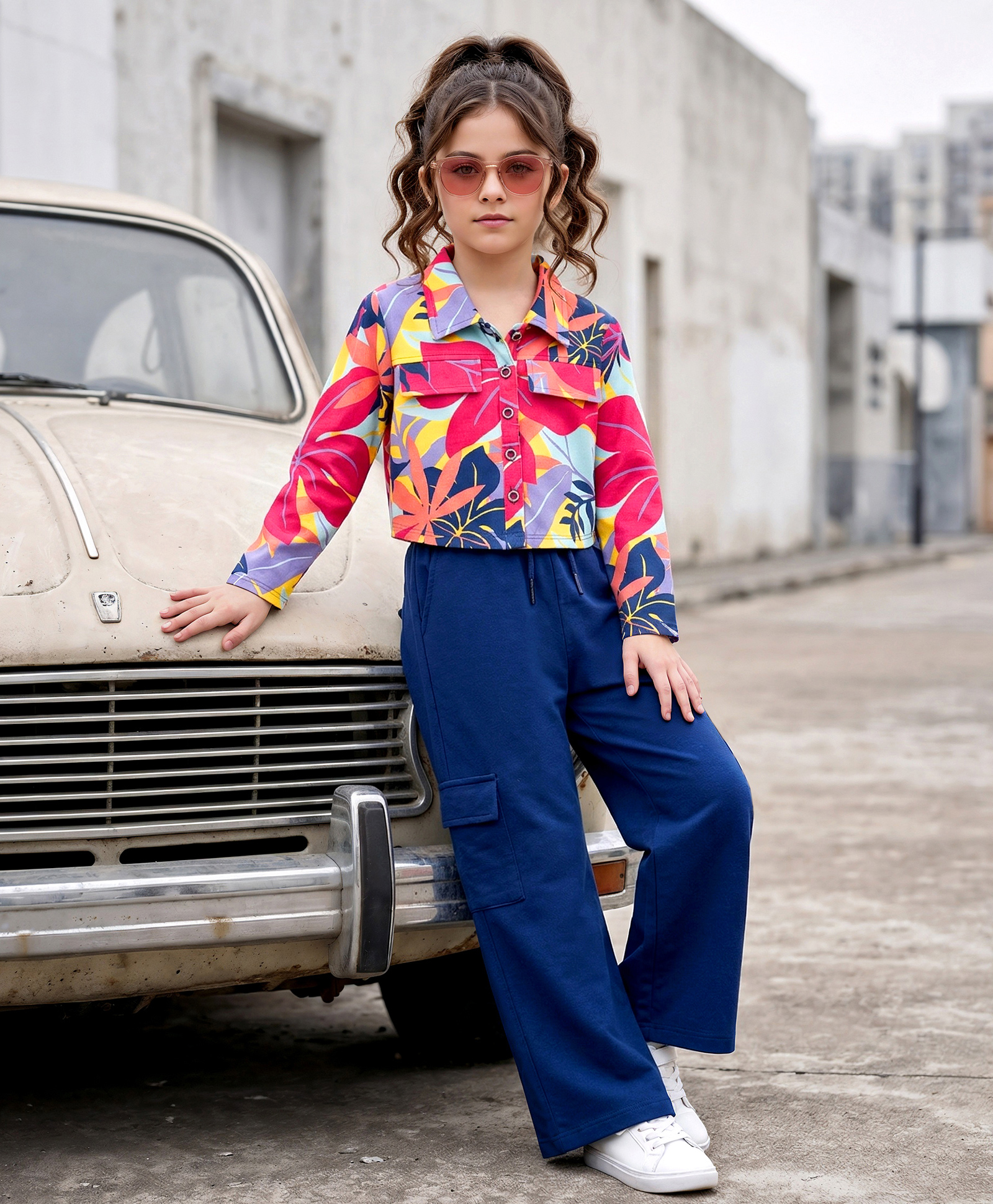 ollington st. OLLINGTON ST.Cotton Lycra Knit Full Sleeves Floral Printed Full Sleeves Top & Pant Set - Multicolor & Navy Blue-picture-30