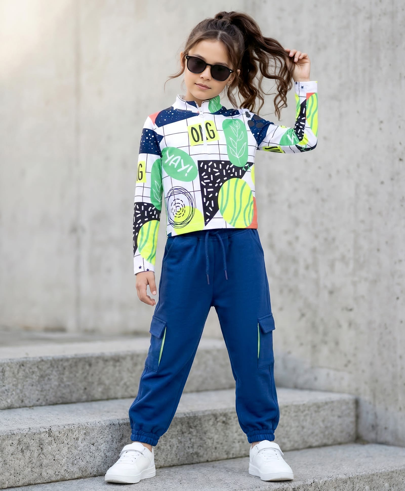 OLLINGTON ST.Cotton Lycra Knit Printed Full Sleeves Top & Jogger Set - Multicolor & Navy Blue-image-1