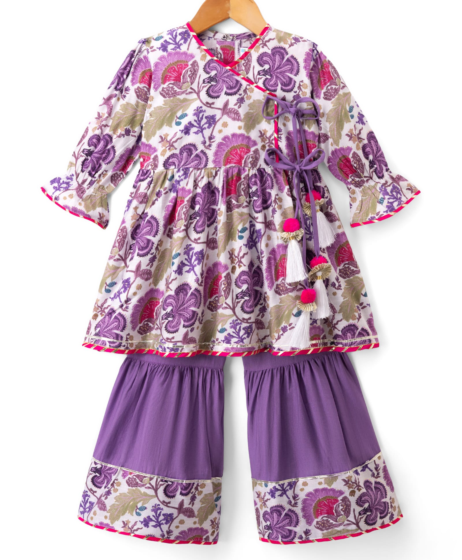Blabber Three Fourth Peasant Sleeves Side Tie Up Detailed Floral Printed Kurti Gharara Set - Lavender-picture-16