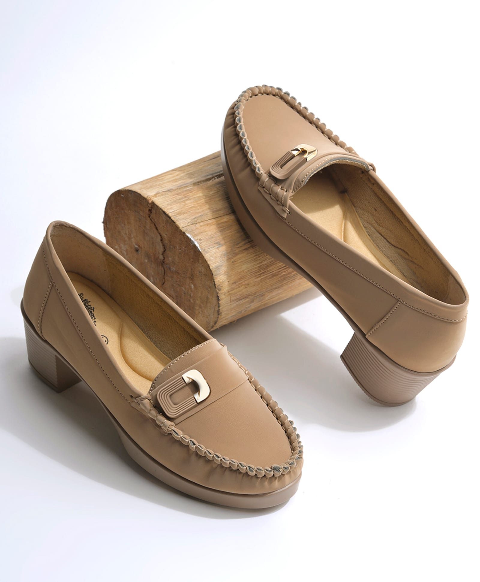 Shoetopia Abstract Applique Detailed Block Heel Loafers - Beige-picture-15