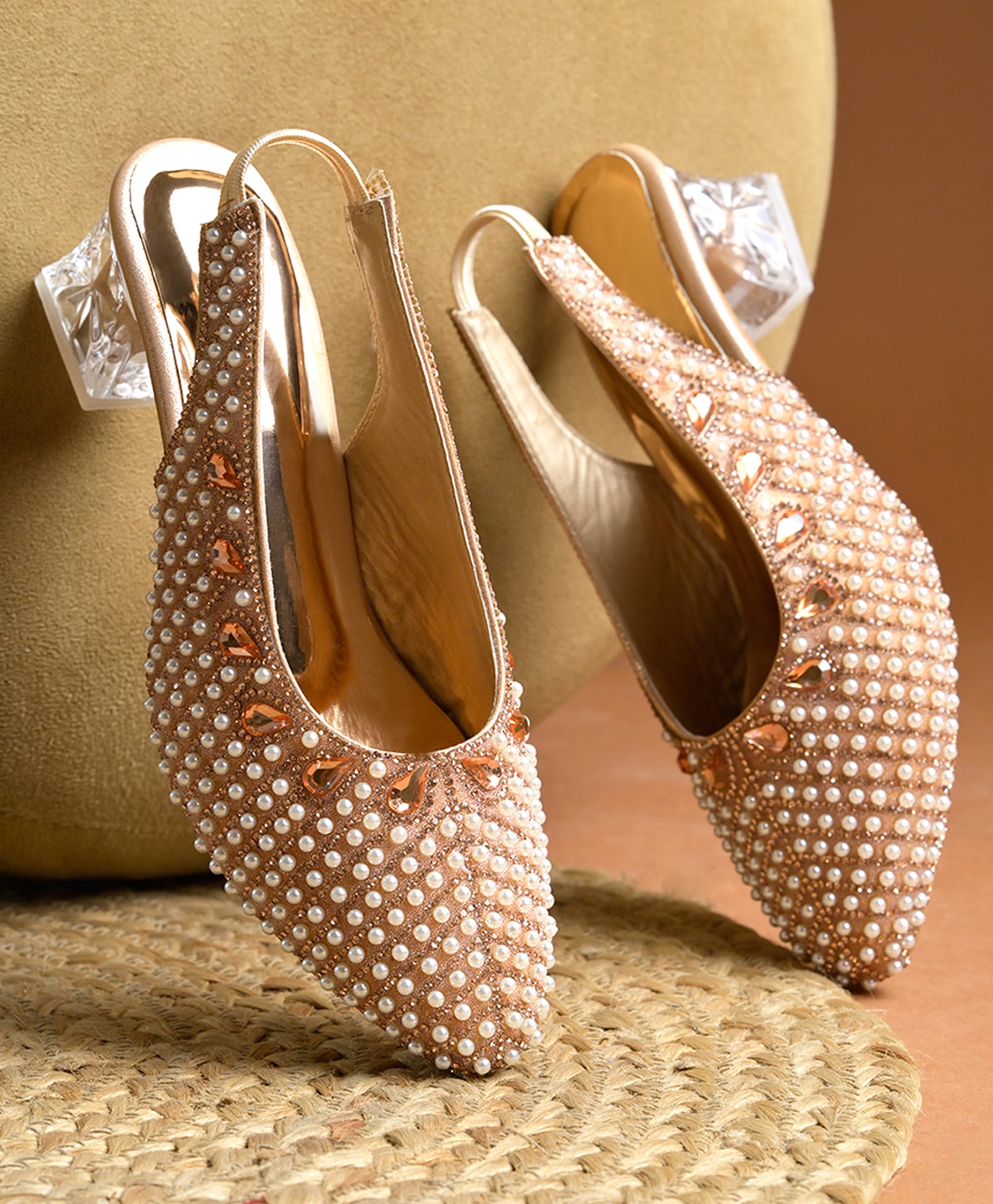 Shoetopia Pearl & Stone Embellished Heels - Golden-picture-26