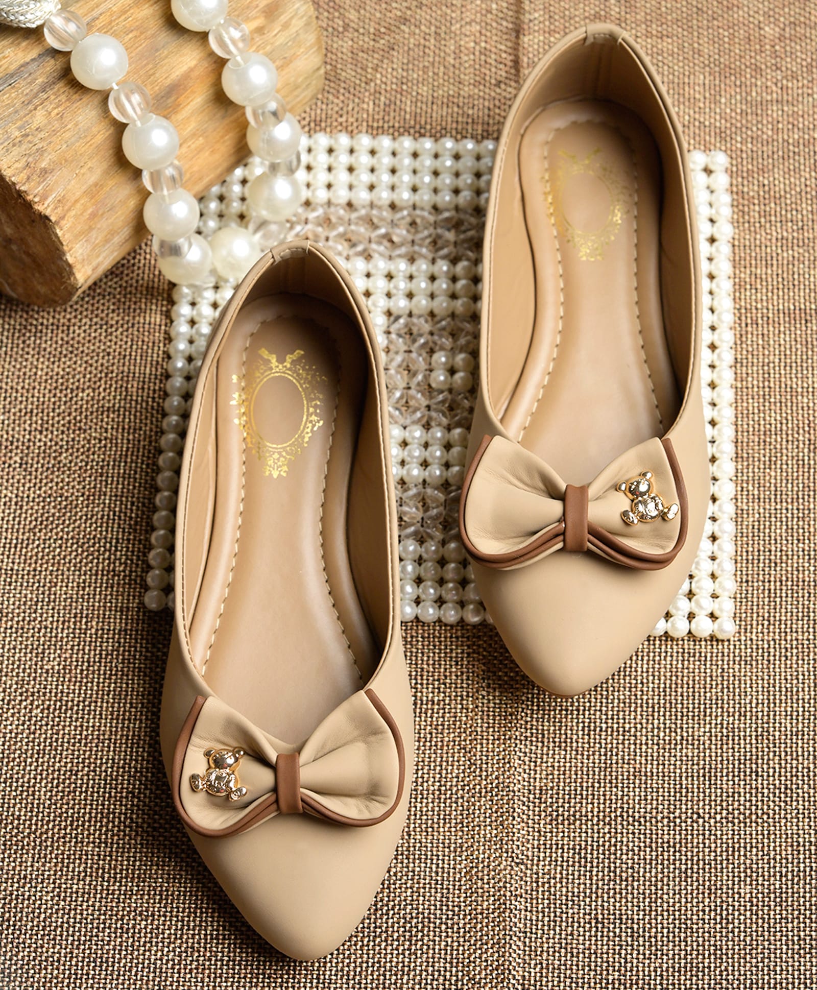 Shoetopia Bow Applique & Teddy Charm Detailed Ballerinas - Beige-image-47