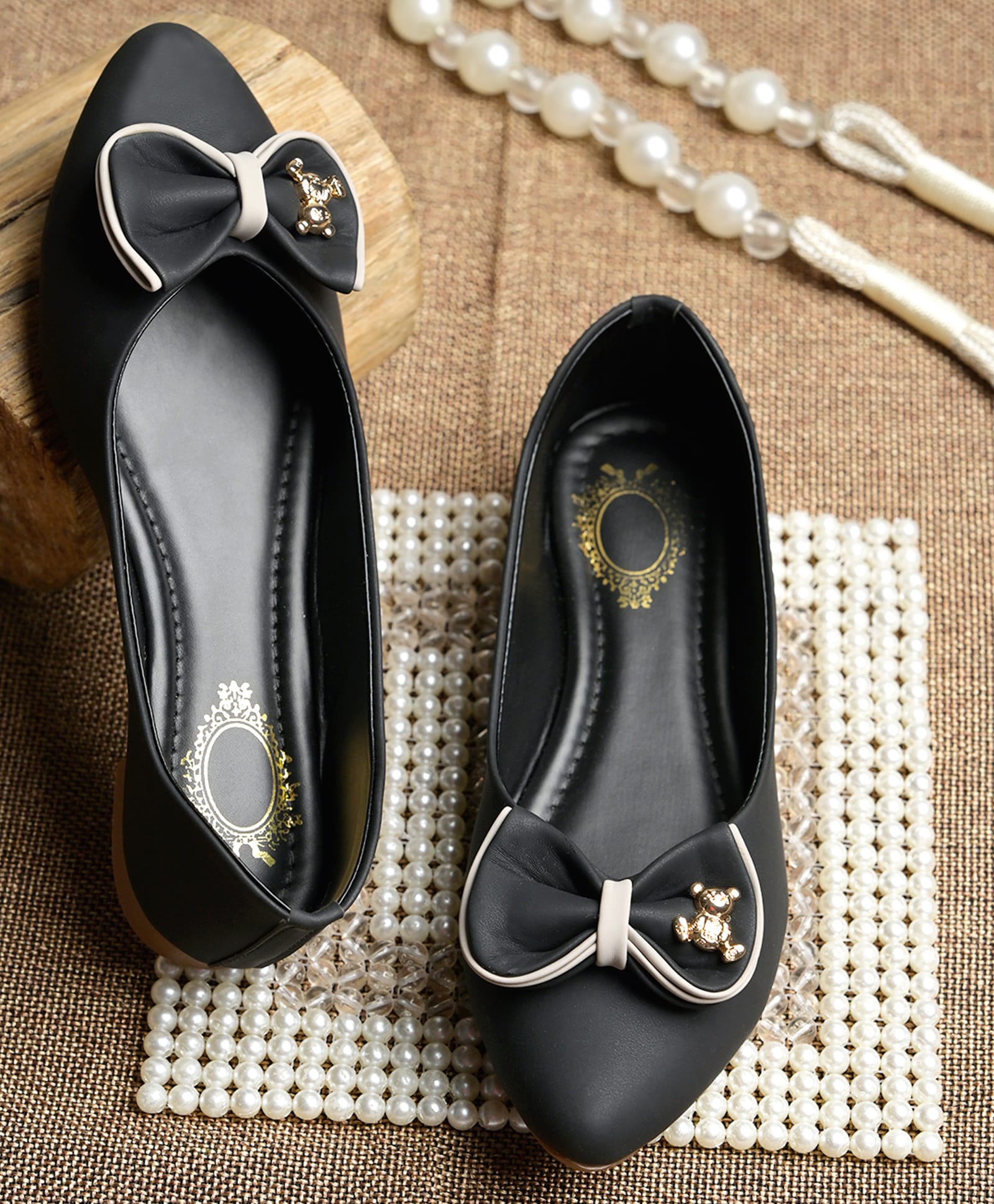 Shoetopia Teddy Bear Charm Bow Detailed Ballerinas - Black-image-31