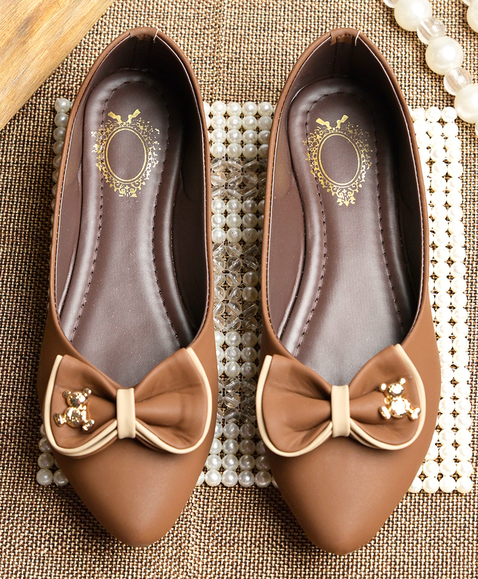 Shoetopia Teddy Bear Charm Bow Detailed Ballerinas - Brown-image-12