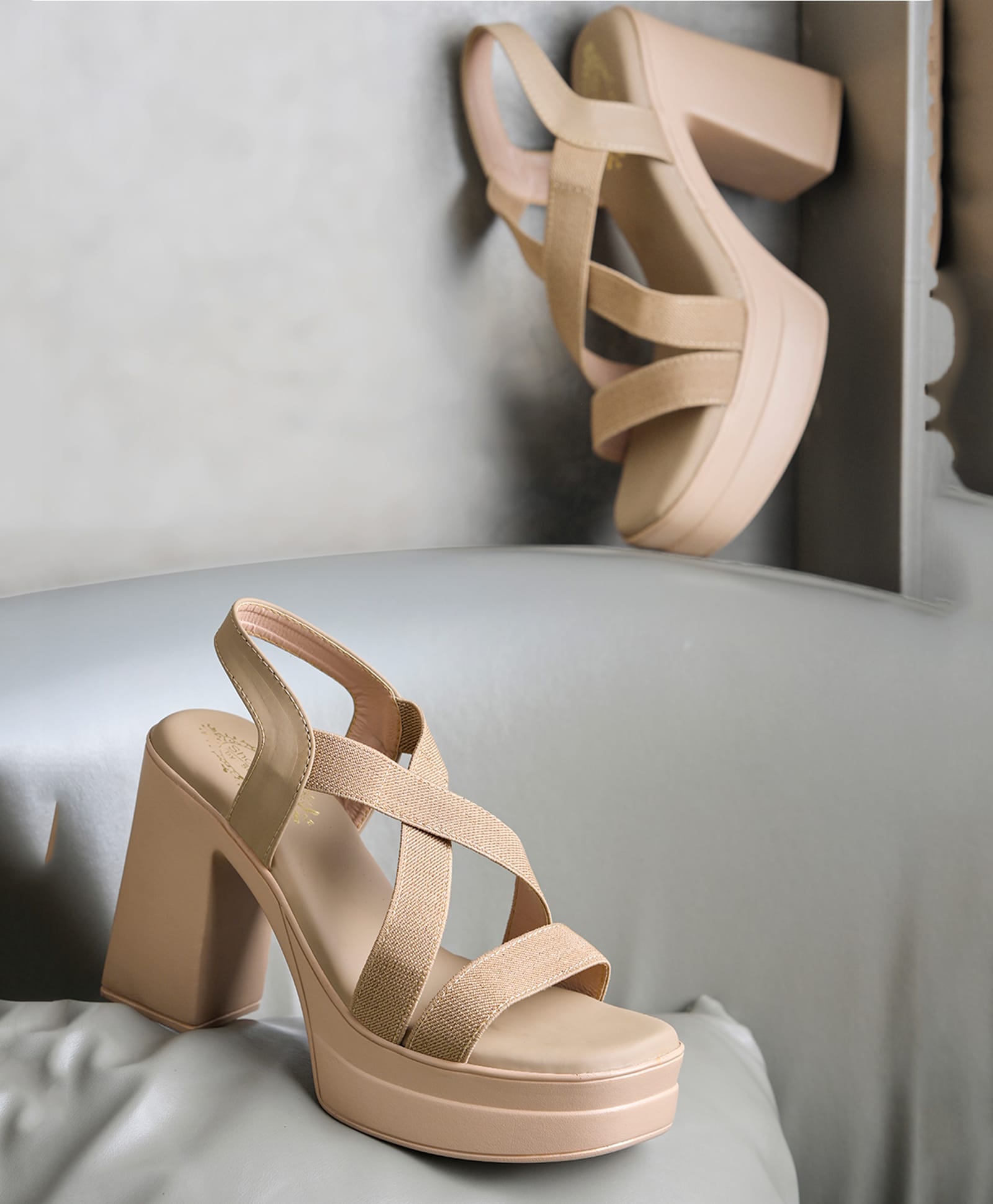 Shoetopia Strap Detailed Block Heel Sandals - Beige-image-7