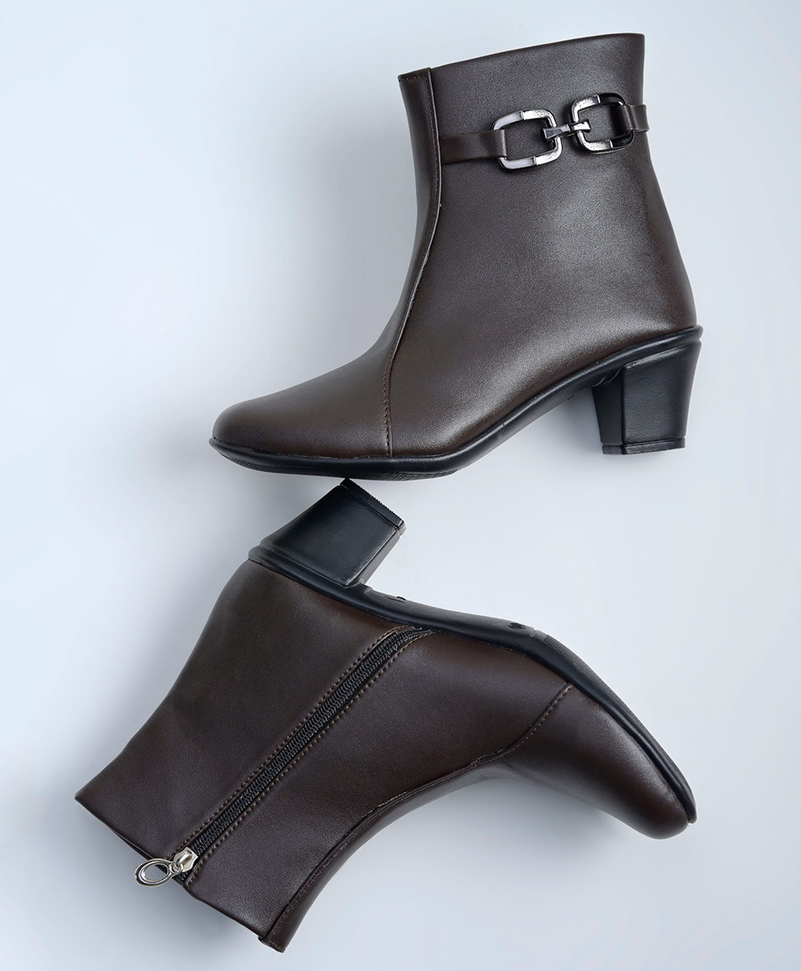 Shoetopia Abstract Applique Detailed Zip Closure Heel Boots - Brown-picture-17
