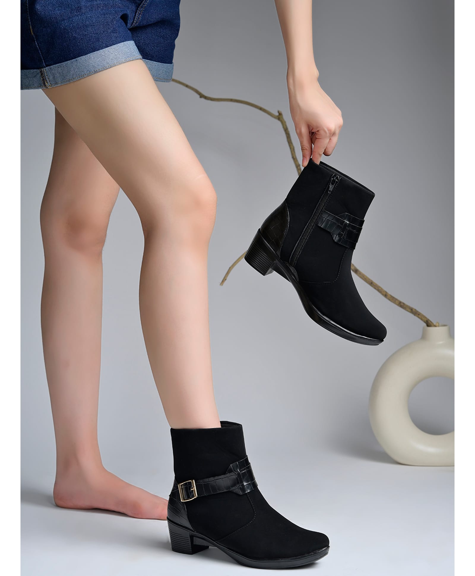 Shoetopia Solid Buckle & Zip Closure Boots - Black-picture-22