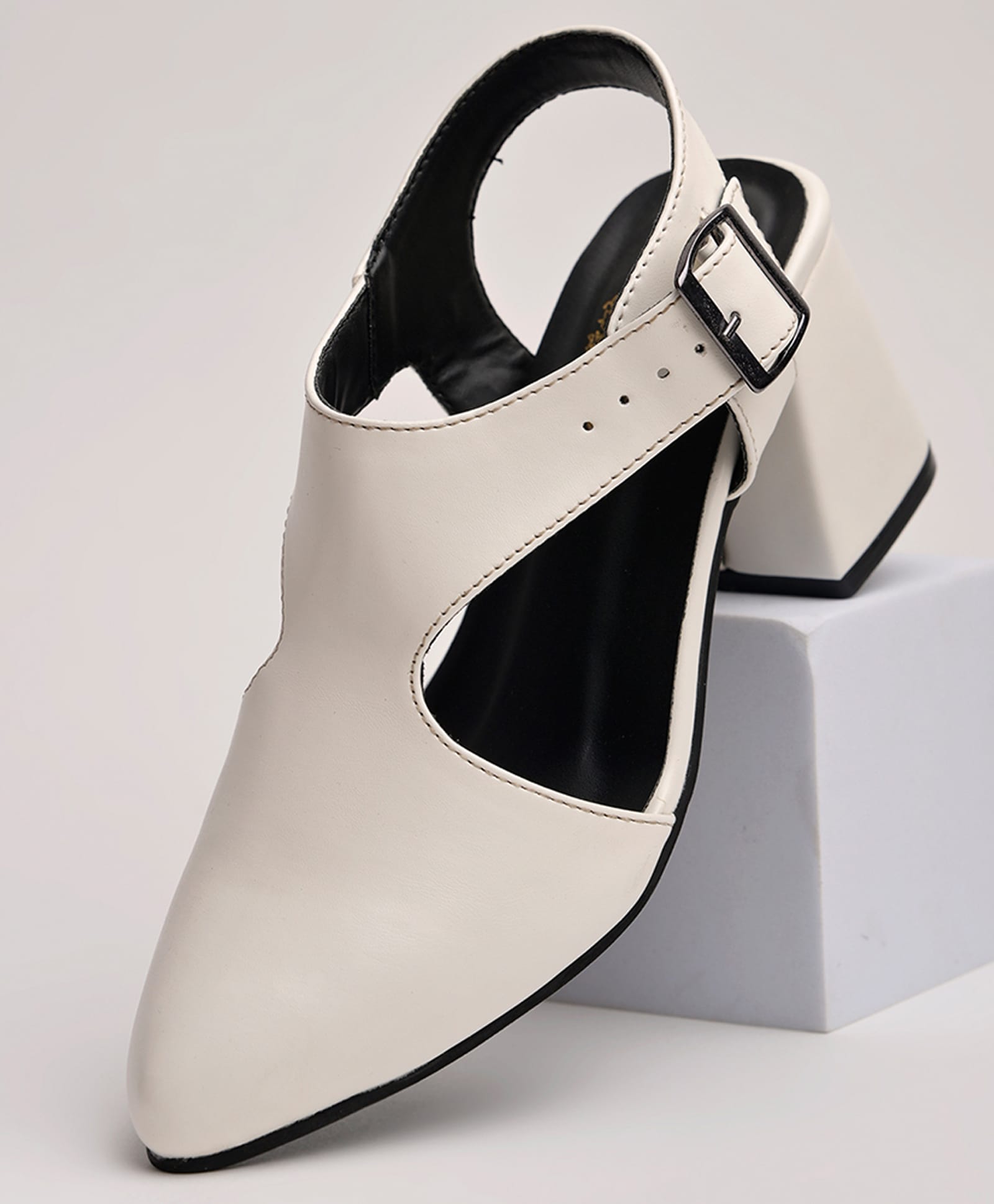 Shoetopia Solid Slingback Block Heels - White-picture-42