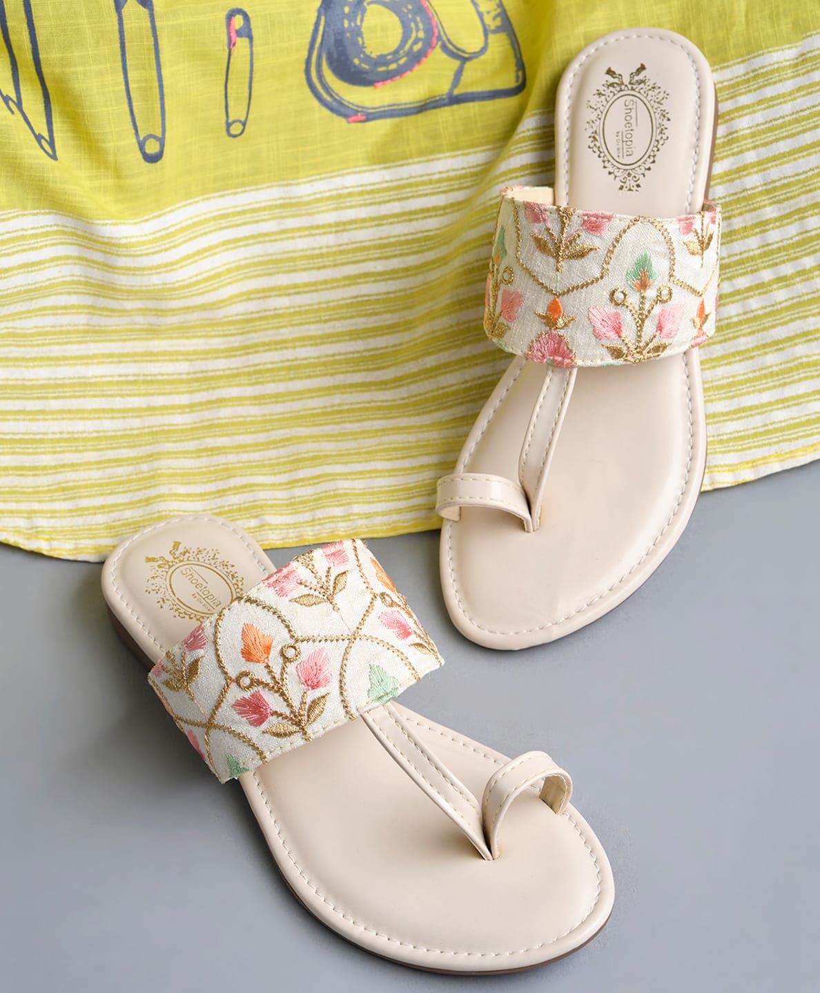 Shoetopia Floral Embroidered Kolhapuri Sandals - Cream-picture-13