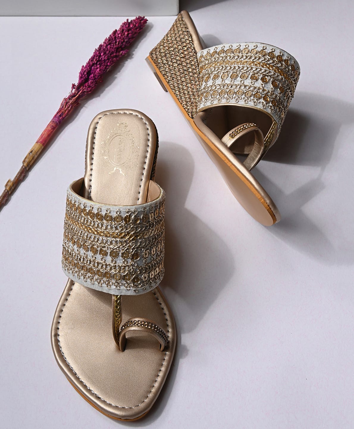 Shoetopia Thread Work Embroidered & Sequins Embellished Kolhapuri Sandals - Golden-picture-10