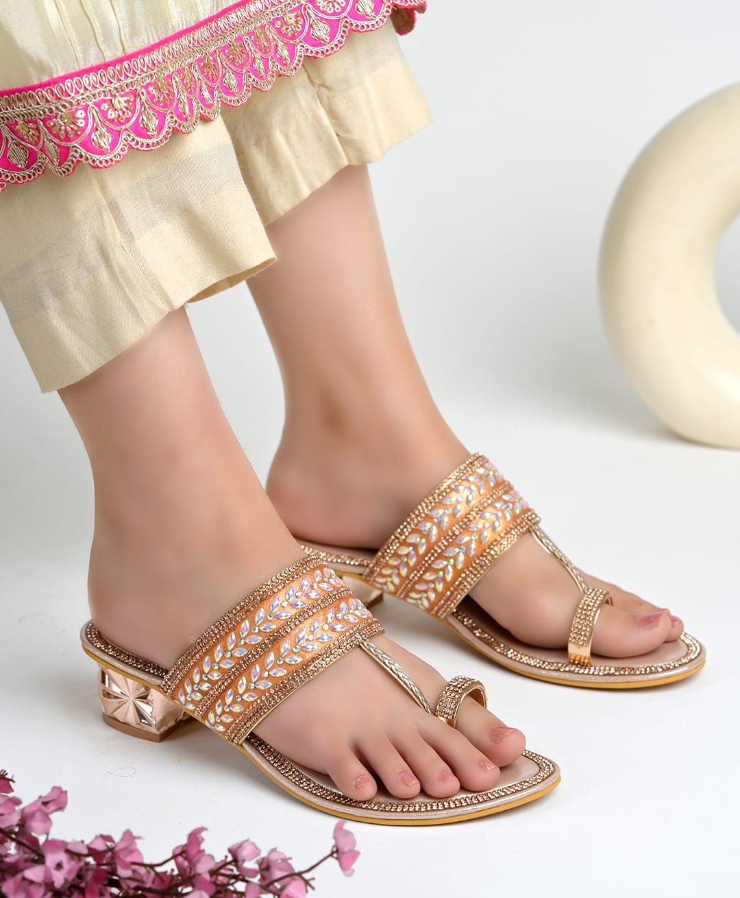 Shoetopia Rhinestones Embellished Block Heel Kolhapuri Sandals - Rose Gold-image-6