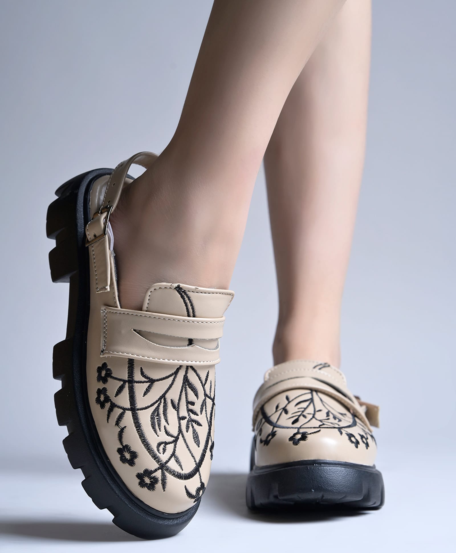 Shoetopia Floral Embroidered Back Strap Loafers - Tan-image-42