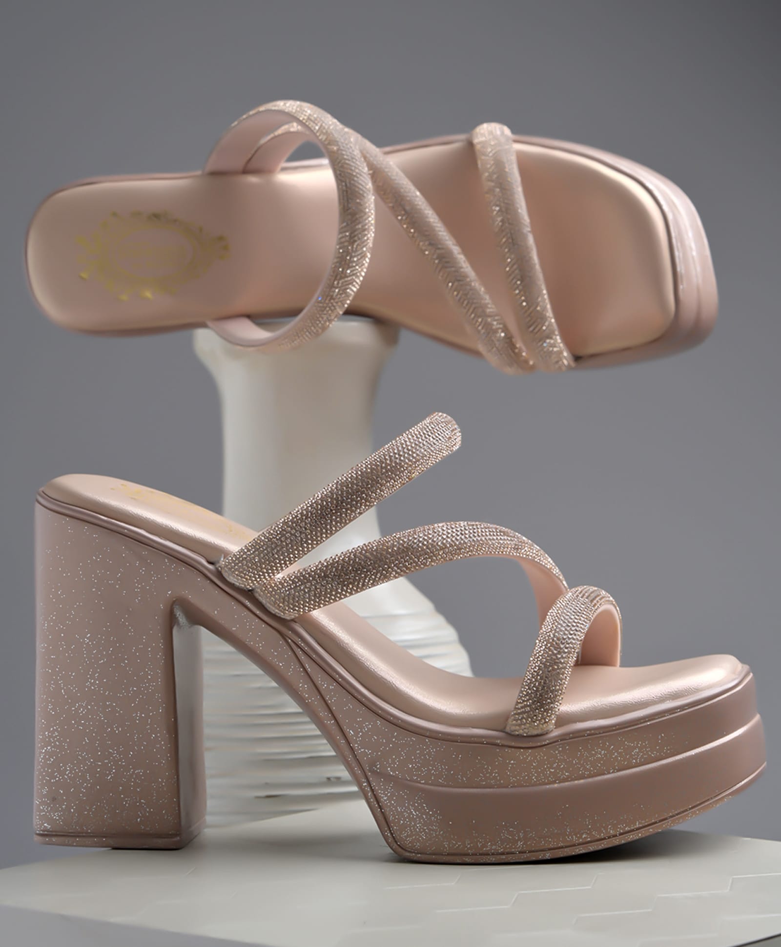 Shoetopia Rhinestone Embellished Sandals - Rose Gold