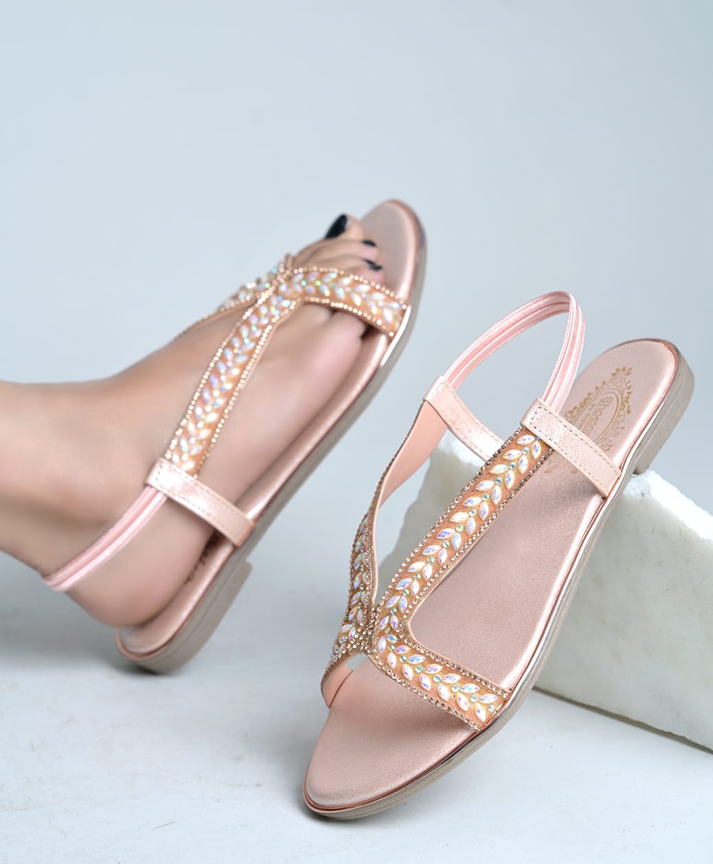 Shoetopia Stones Embellished Sandals - Rose Gold