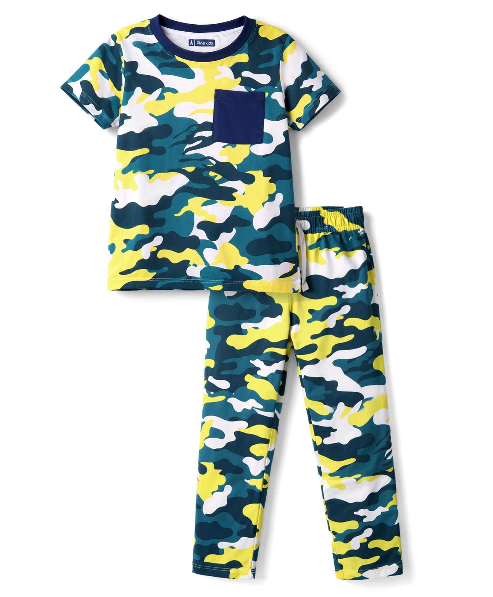Pine Kids Cotton Knit Half Sleeves T-Shirt & Pyjama Co-ord Night Suit with Camouflage Print - White-image-40