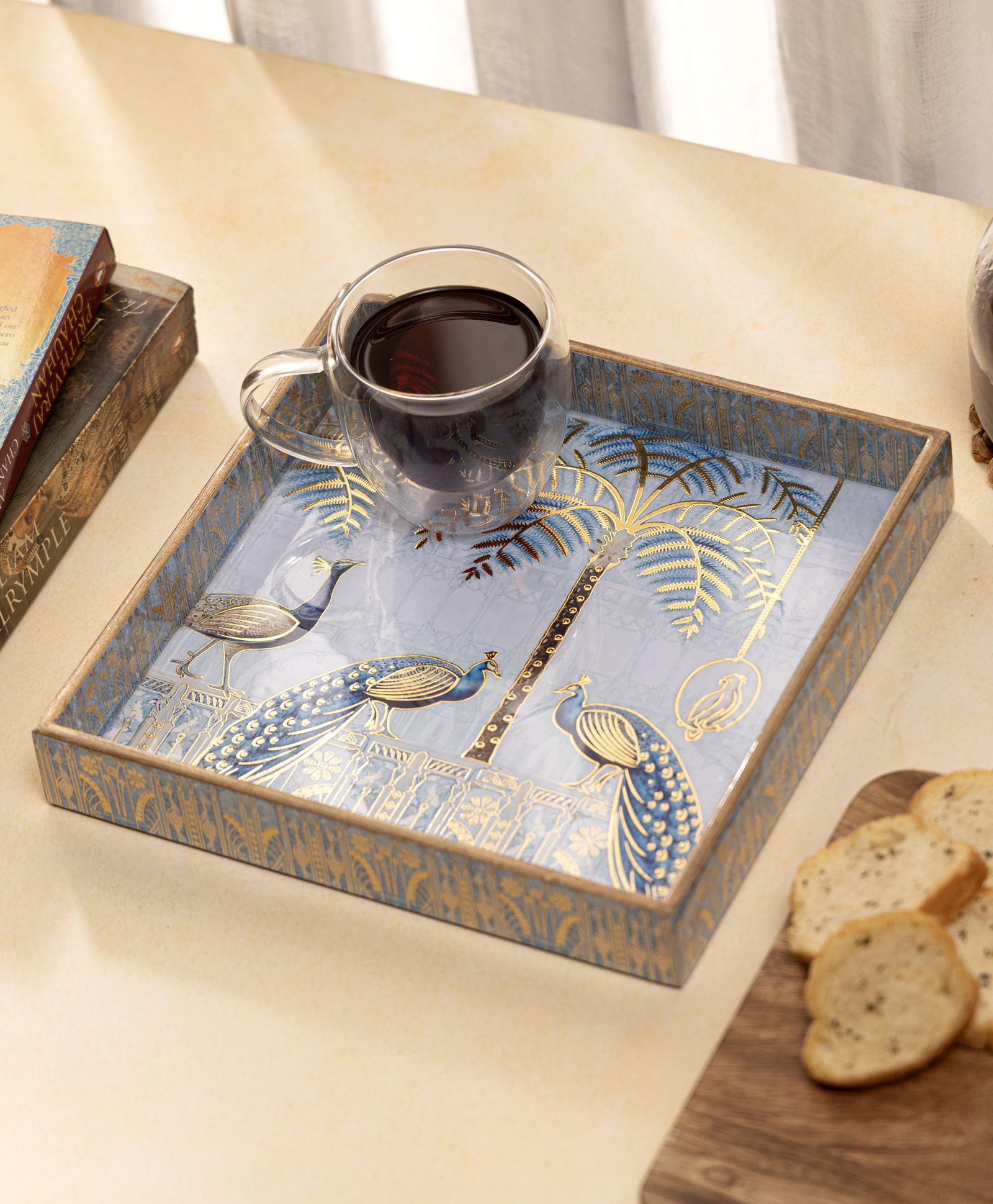 DULI Multipurpose Durable Serving Tray in MDF Wood with Enamel Coating for Home and Dining Table - Brown-image-3