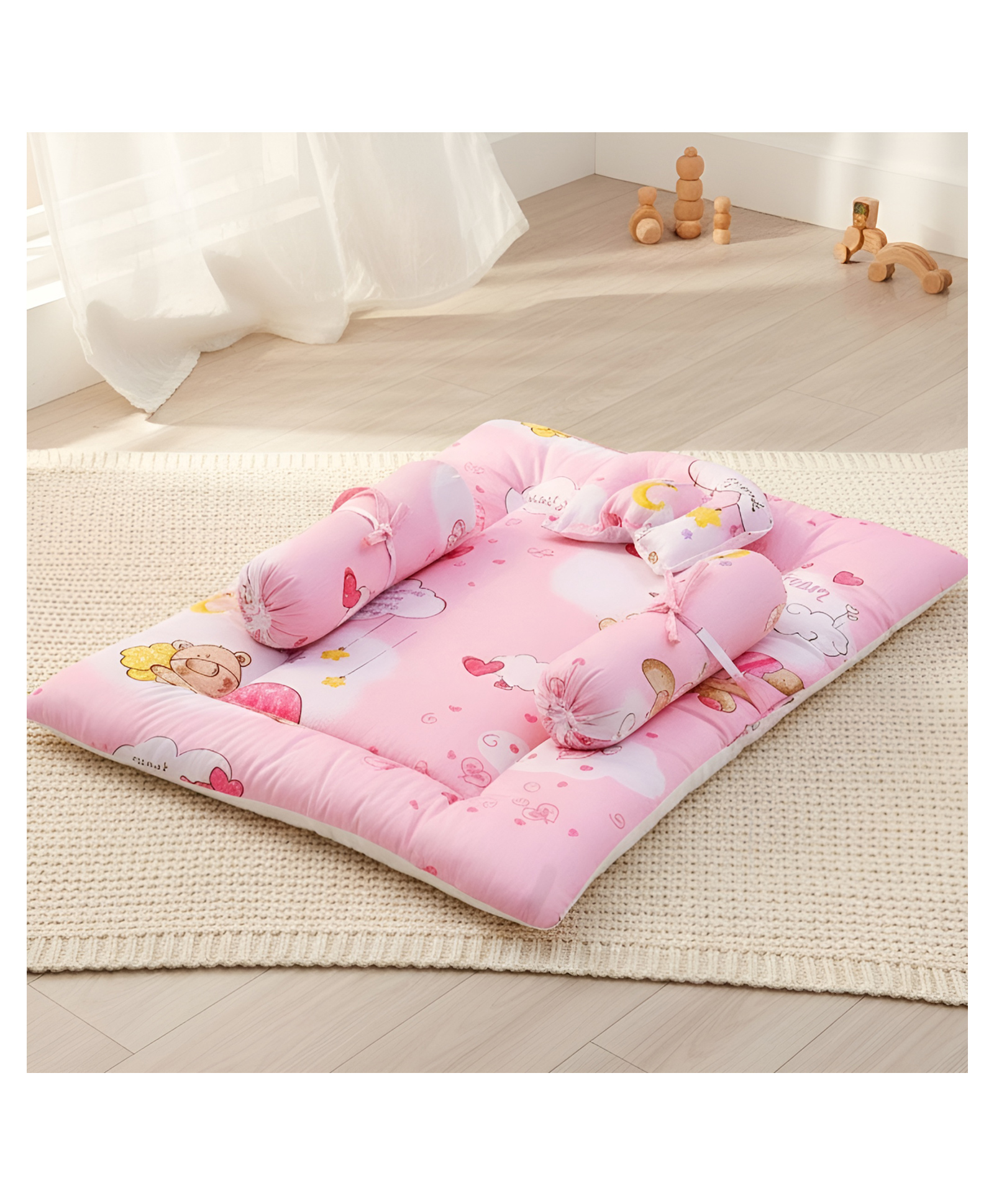 GRASPING FINGERS Premium Lullaby Lane Themed Cotton Baby Bedding Set With Head Support Pillow & 2 Side Bolsters - Pink-image-9