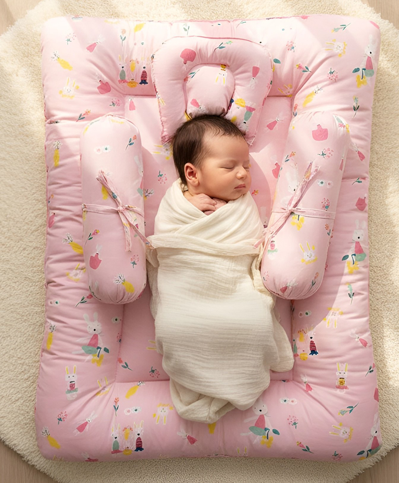 GRASPING FINGERS Premium Rabbit Fun Themed Cotton Baby Bedding Set With Head Support Pillow & 2 Side Bolsters - Pink-image-9