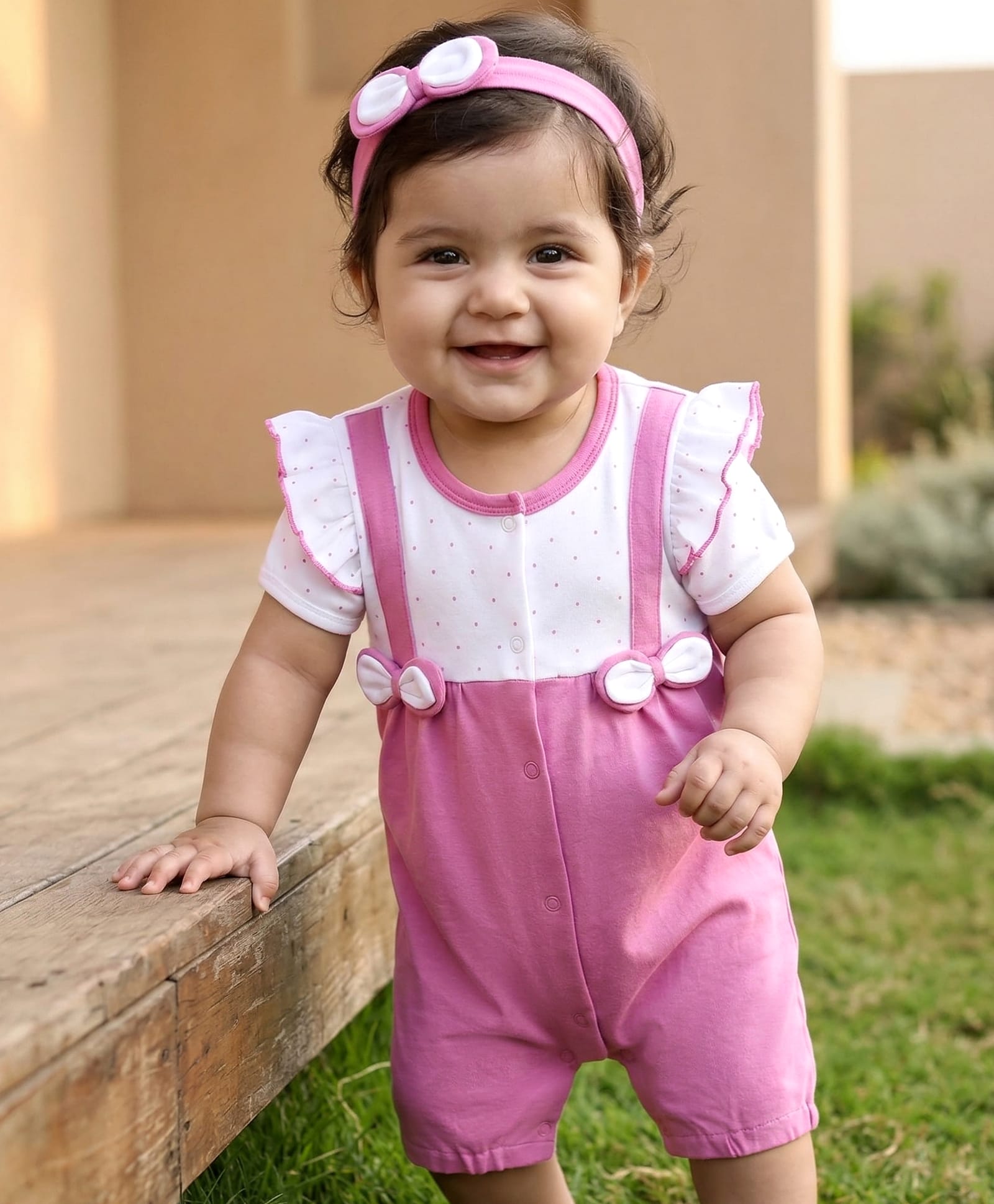 Babyhug 100% Cotton Knit Half Sleeves Polka Dot Printed Romper With Hairband & Bow Applique - Multicolor-image-11