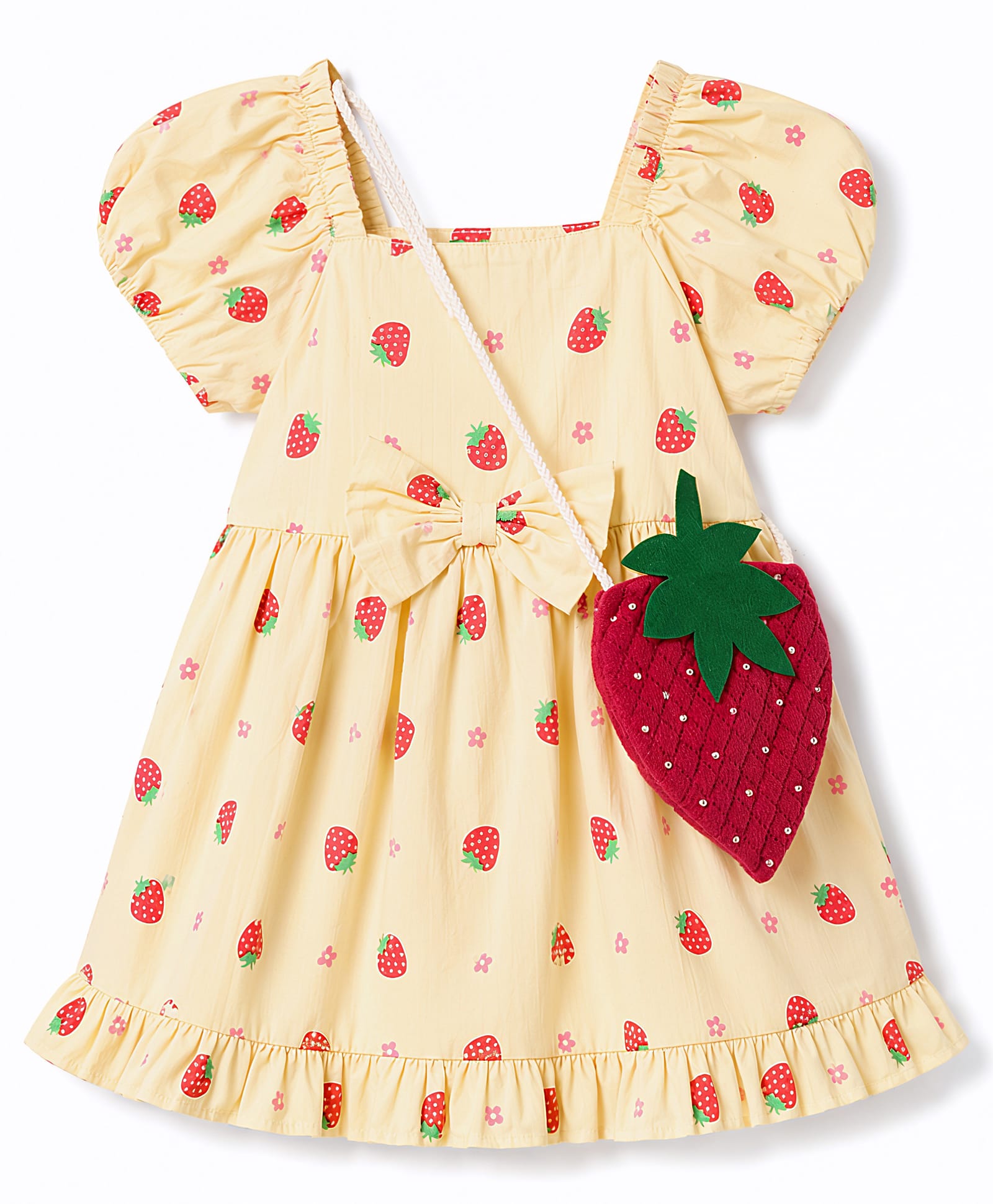 Babyhug Cotton Woven Half Sleeves Strawberry Printed Frock With Bow Applique & Sling Bag - Yellow-image-28