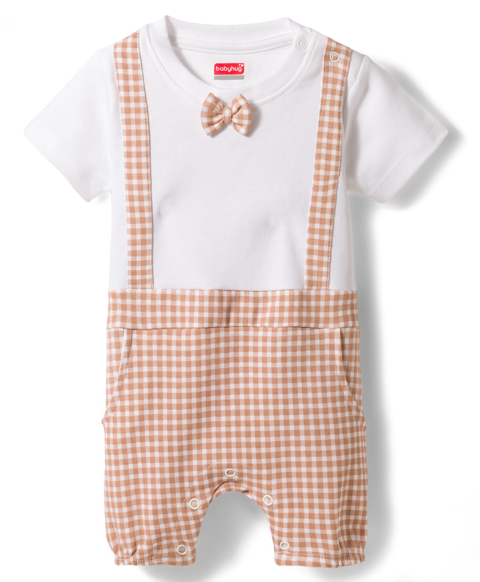 Babyhug 100% Cotton Knit Half Sleeves Checkered Romper with Bow Applique - Multicolor-image-4