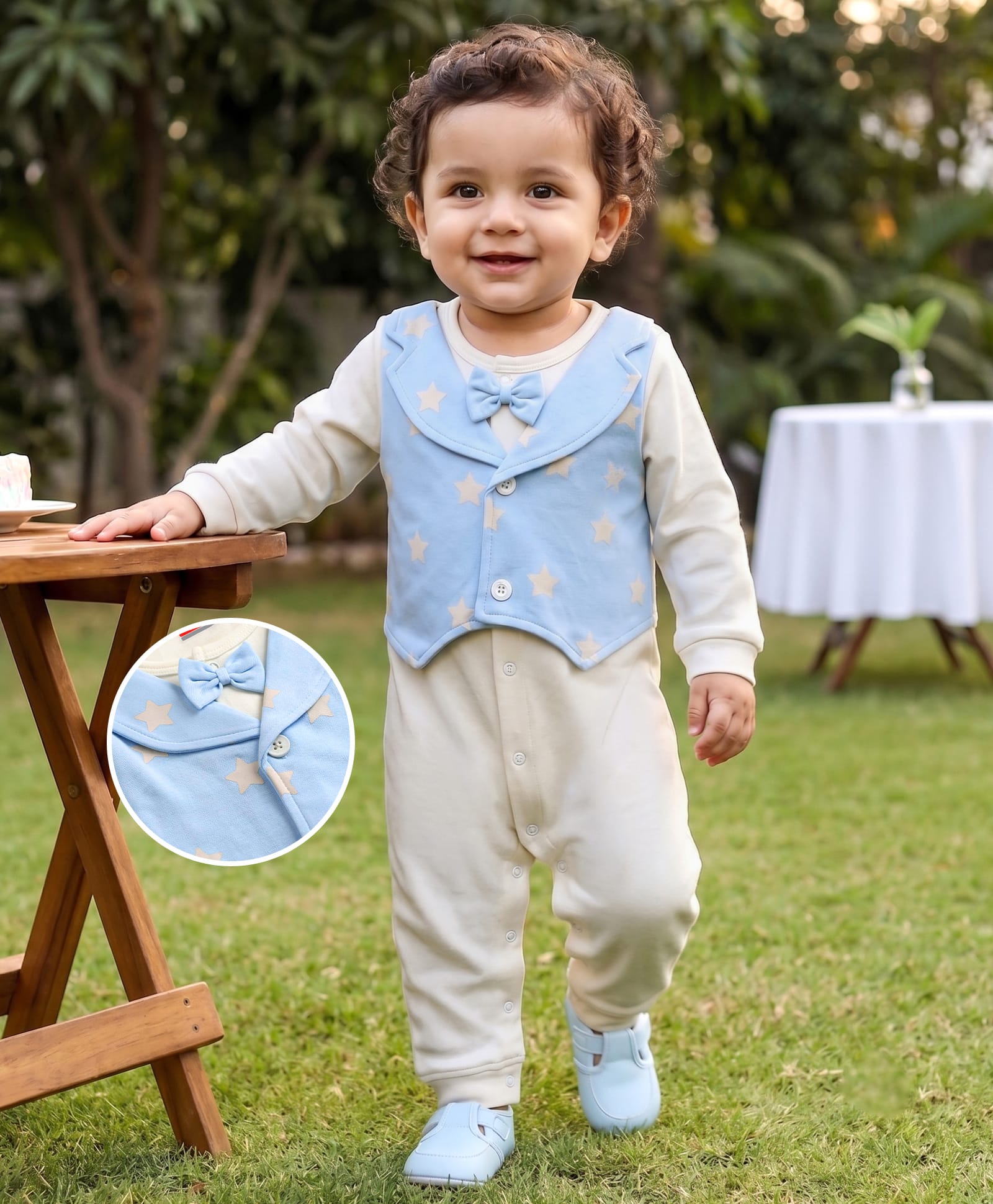 Babyhug 100% Cotton Knit Full Sleeves Star Printed Party Romper With Attached Wasit - White & Light Blue-image-16
