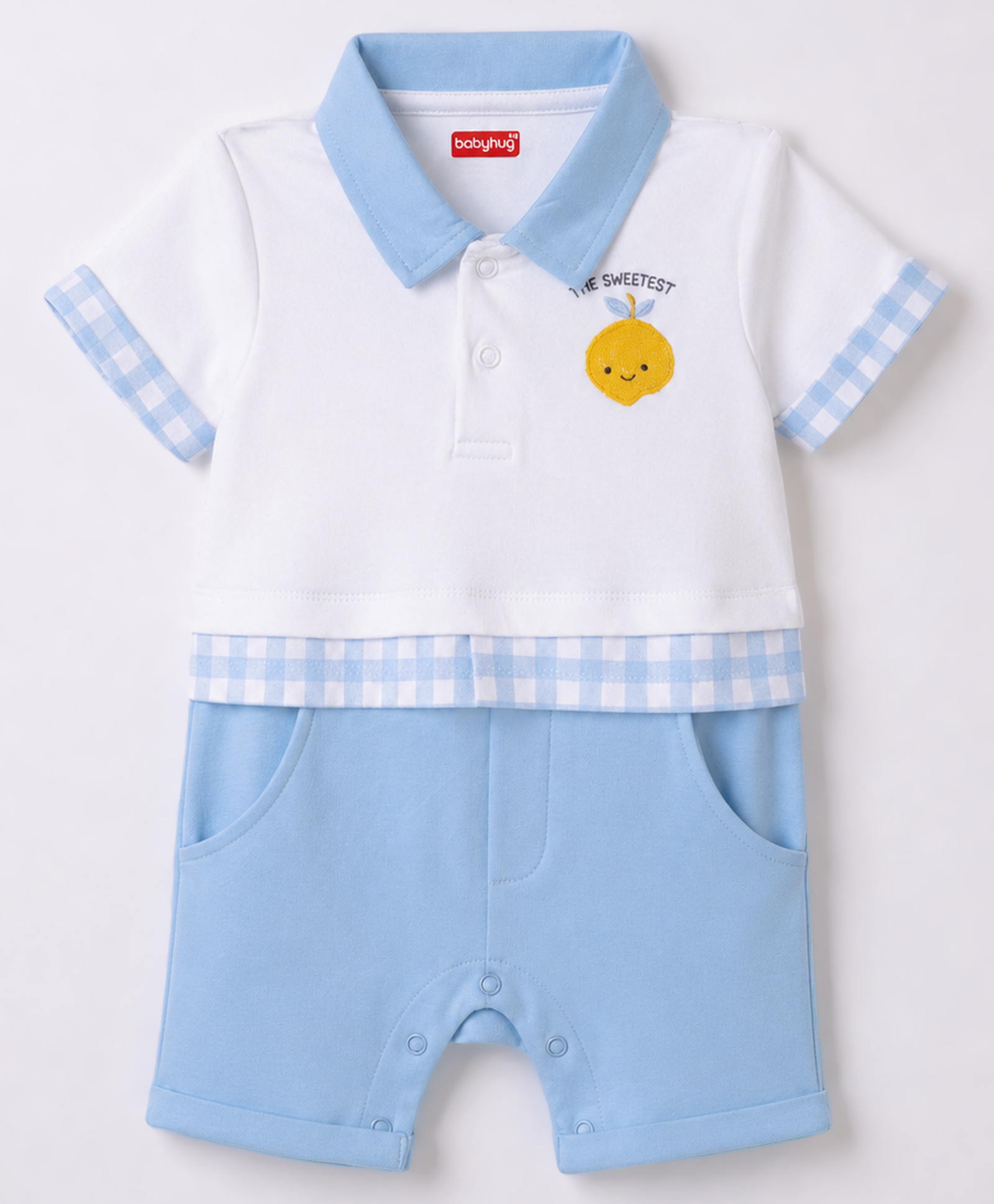 Babyhug 100% Cotton Knit Half Sleeves Tropical Theme Embroidered & Checked Romper - Light Blue-image-36