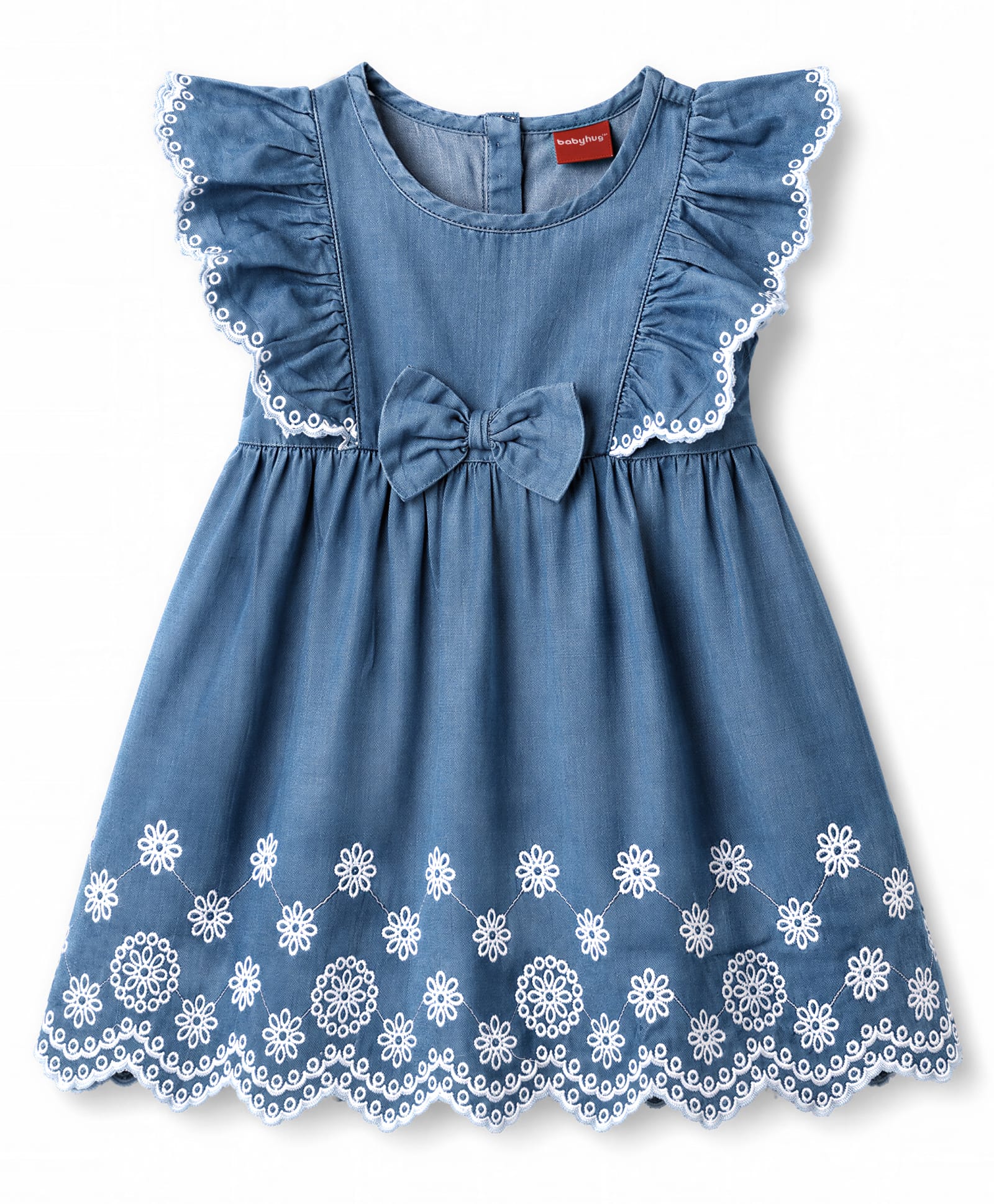 Babyhug Denim Woven Sleeveless Flared One Piece Frock With Floral Embroidery & Bow Applique - Blue-image-34