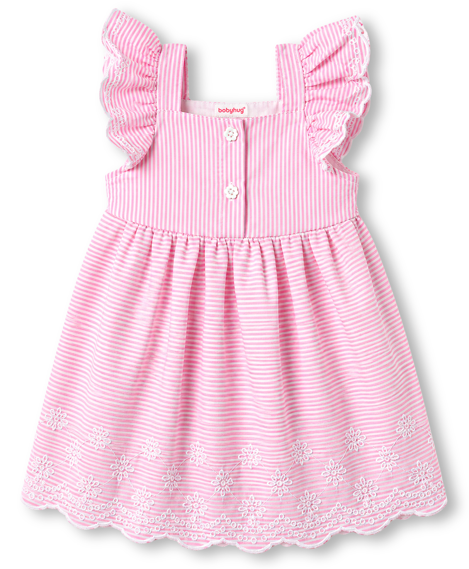 Babyhug Woven Frill Sleeves Striped & Floral Embroidered Frock - Pink-image-7