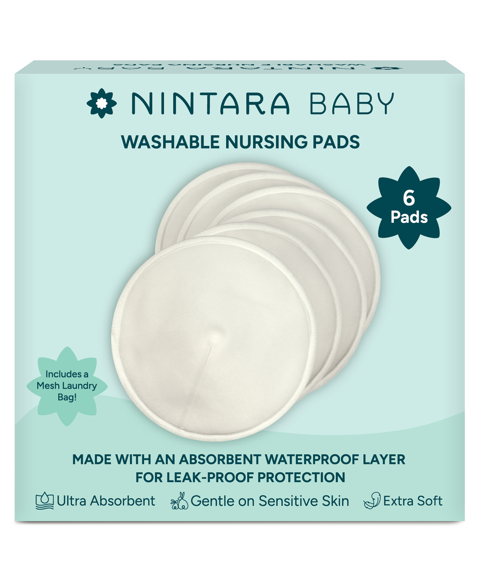 Nintara Baby Reusable Nursing Pads 4-Layer Organic Bamboo Cotton, Ultra-Soft, Absorbent and Leak-Proof, Contoured Comfort Fit, Pack of 6 with Laundry Bag-image-39