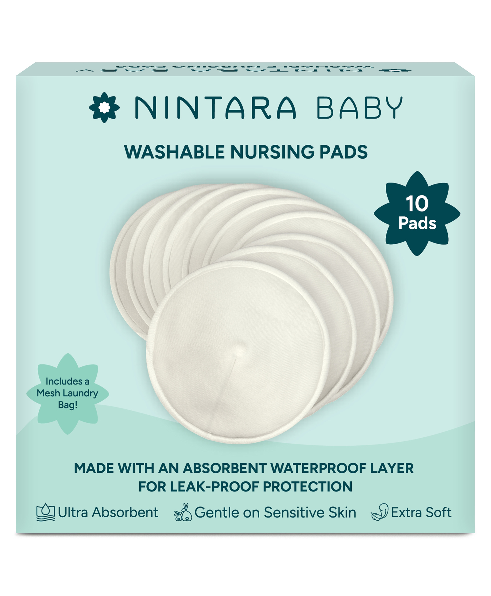 Nintara Baby Reusable Nursing Pads 4 Layer Organic Bamboo Cotton, Ultra-Soft, Absorbent and Leak-Proof, Contoured Comfort Fit, Pack of 10 with Laundry Bag-image-38