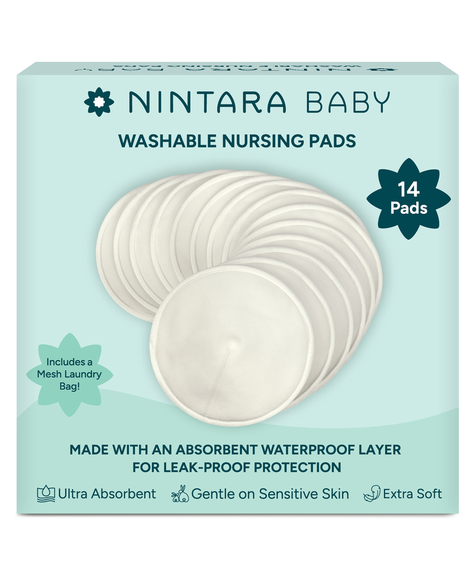 Nintara Baby Reusable Nursing Pads 4 Layer Organic Bamboo Cotton, Ultra-Soft, Absorbent and Leak-Proof, Contoured Comfort Fit, Pack of 14 with Laundry Bag-image-40