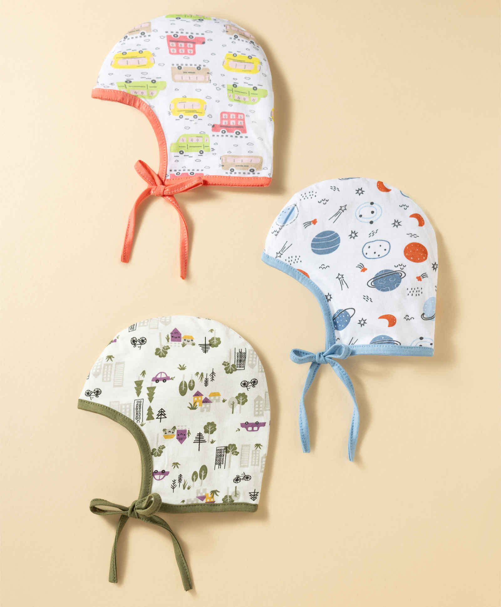 OHMS Single Jersey Knit Baby Caps With Bus Space & City Print Pack of 3 Multicolor - Diameter 22 cm-image-30