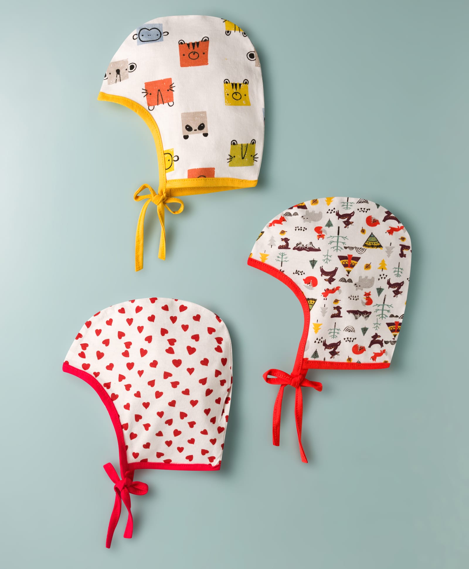 OHMS Single Jersey Knit Hearts & Animal Printed Baby Caps With Knot Pack Of 3 Multicolor - Diameter 9 cm-picture-14