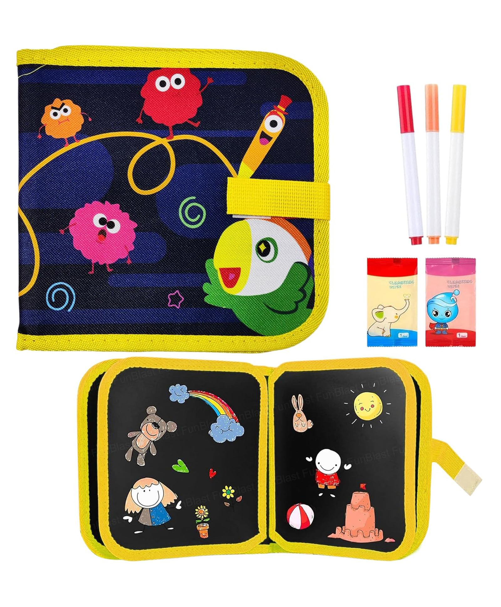 FunBlast Reusable Magic Drawing Book for Kids Pack of 1 Book / 4 Pages / 3 Color Marker with 2 Wipes (Multicolor-E)-picture-11