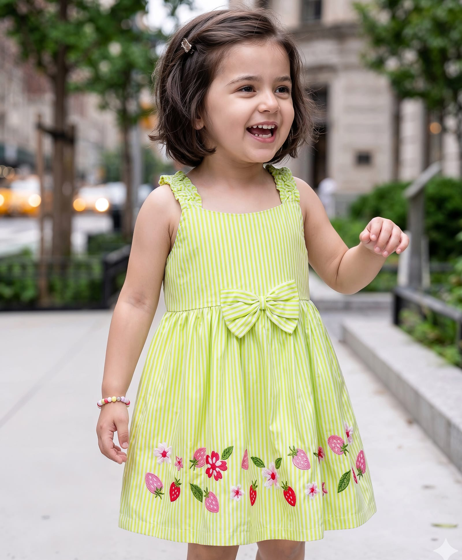 Babyhug Cotton Woven Sleeveless Flared Striped One Piece Frock With Floral & Fruit Embroidery - Green-picture-10
