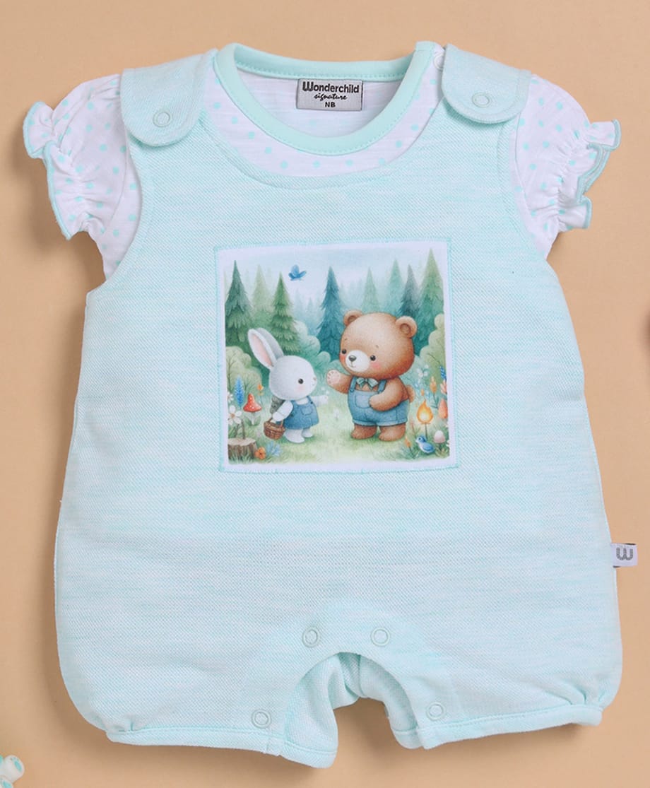 Wonderchild Baby Animals Printed Romper With Half Frill Sleeves Top - White & Light Green-image-30