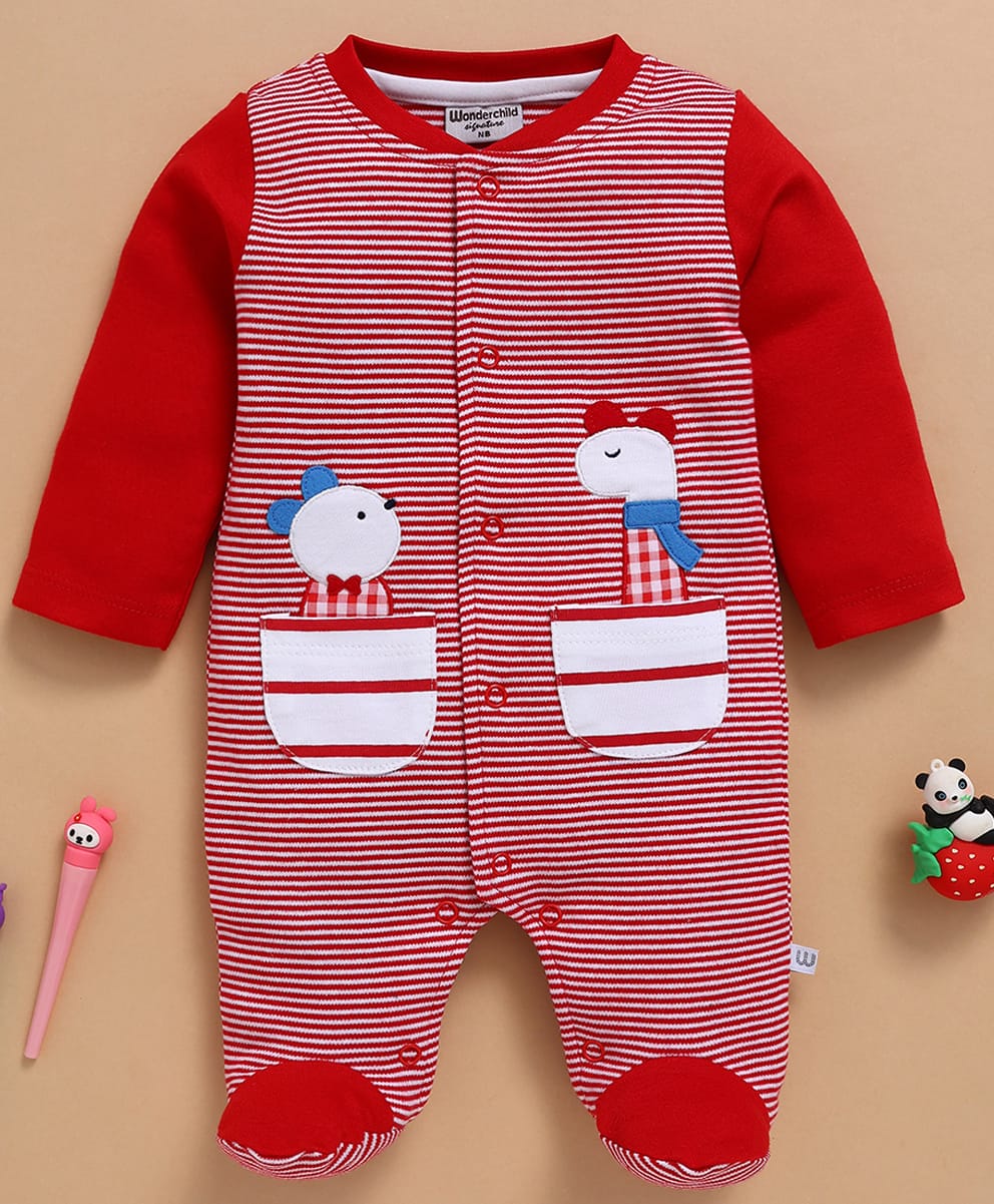 Wonderchild Full Sleeves Striped & Animal Applique Detailed Romper - Red-image-12