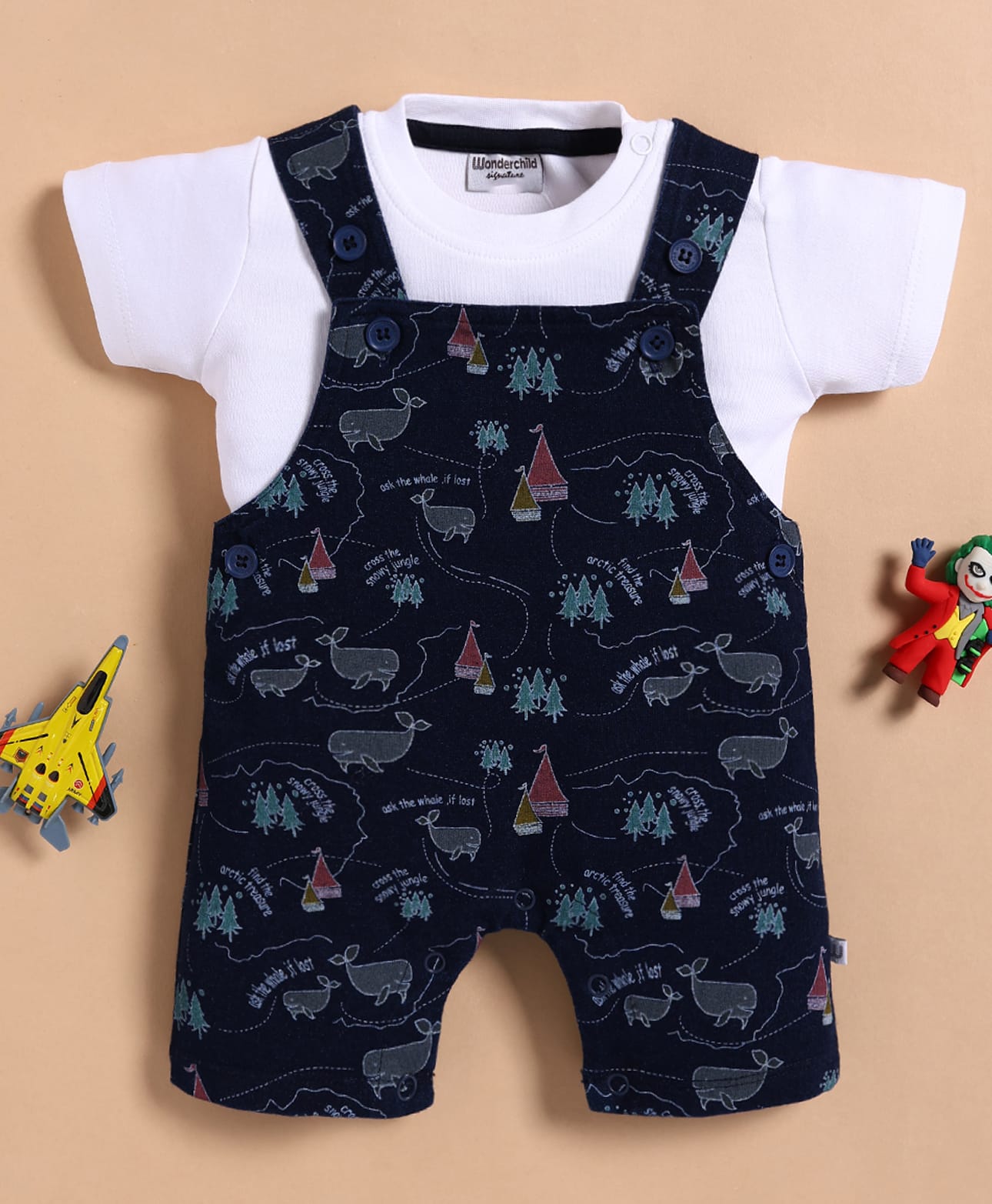 Wonderchild Nautical Map Printed Dungaree With Half Sleeves Solid Tee - White & Indigo-image-8