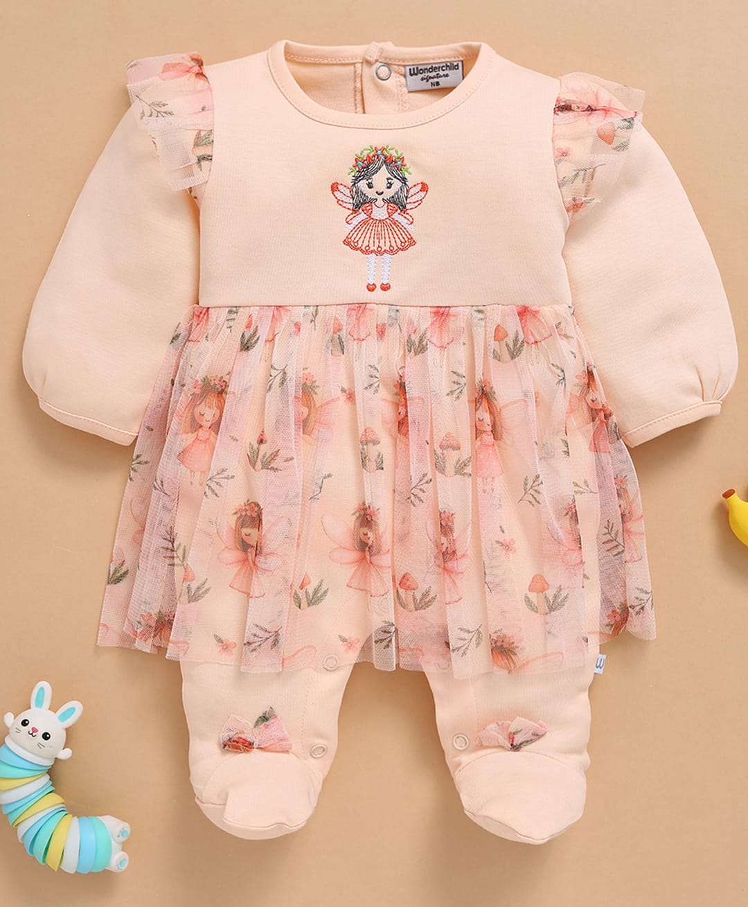 Wonderchild Full Sleeves Fairy Embroidered Romper With Attached Skirt - Peach-image-43